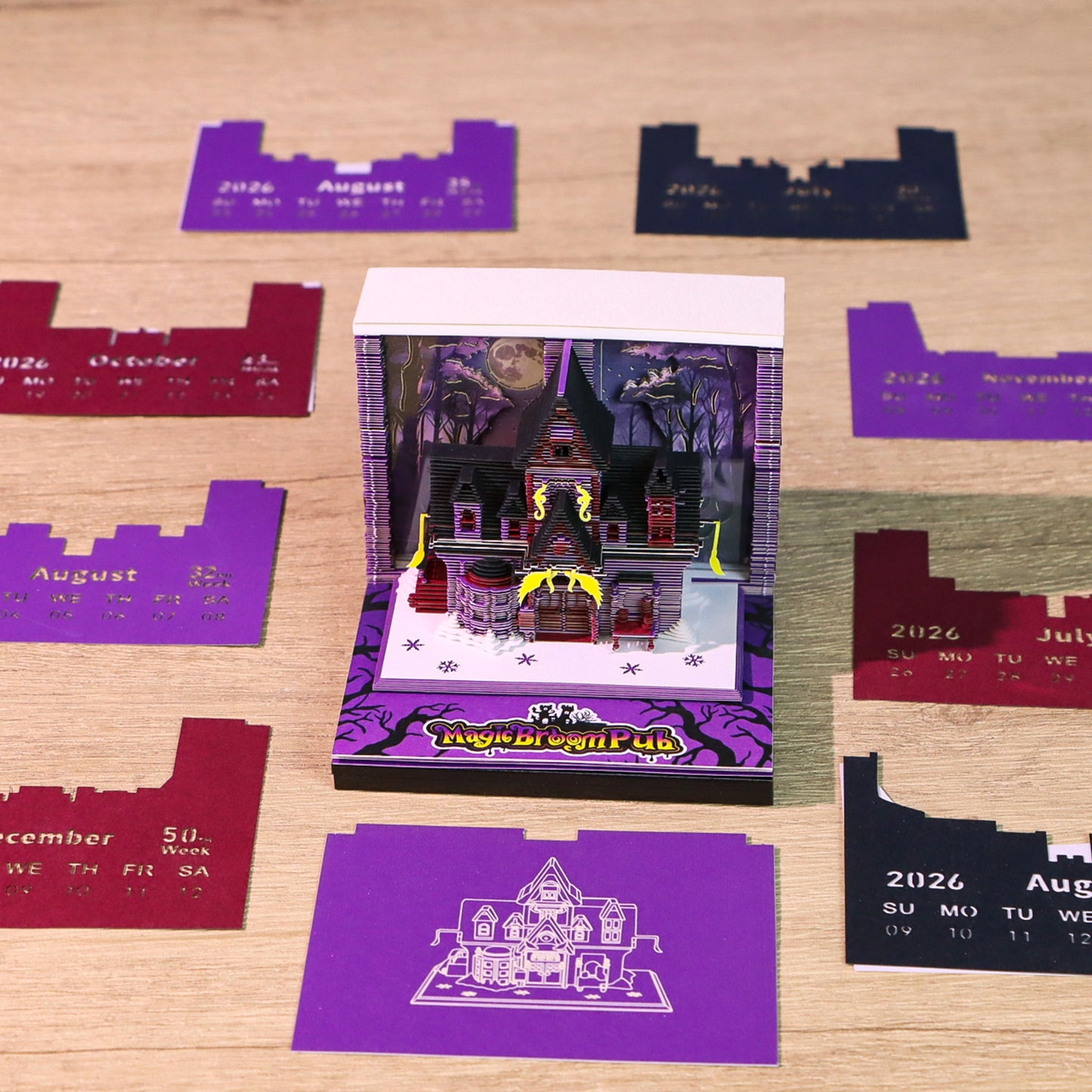 Wizard World Magic Broom Pub Miniature Hand Tear off 3D Calendar Memo Pad With Light
