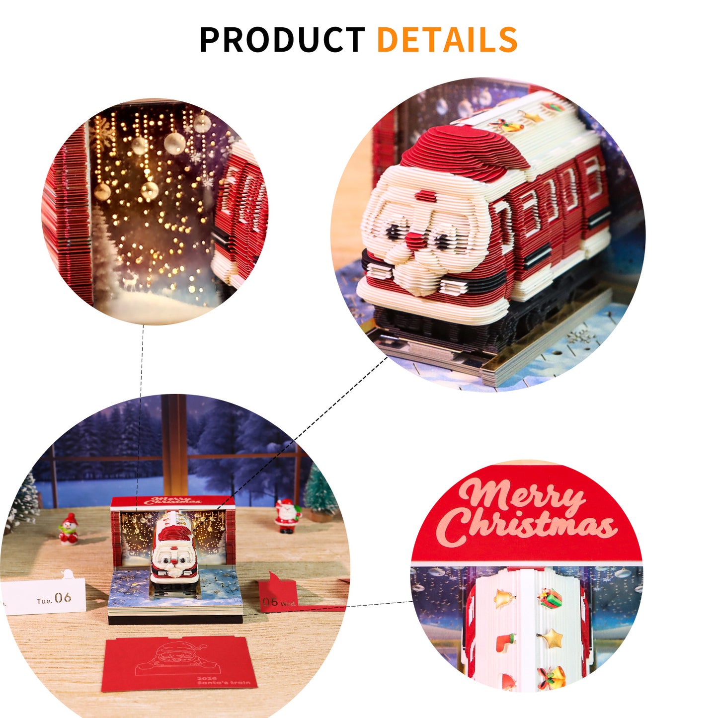 Santa Christmas Train Miniature Hand Tear off 3D Calendar Memo Pad With Light