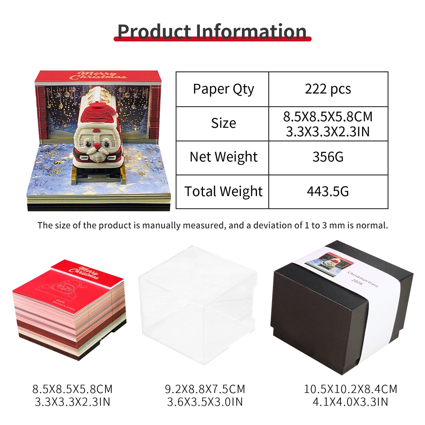 Santa Christmas Train Miniature Hand Tear off 3D Calendar Memo Pad With Light