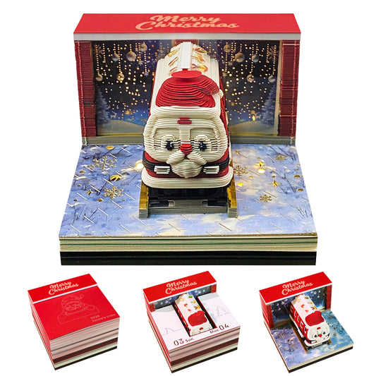 Santa Christmas Train Miniature Hand Tear off 3D Calendar Memo Pad With Light