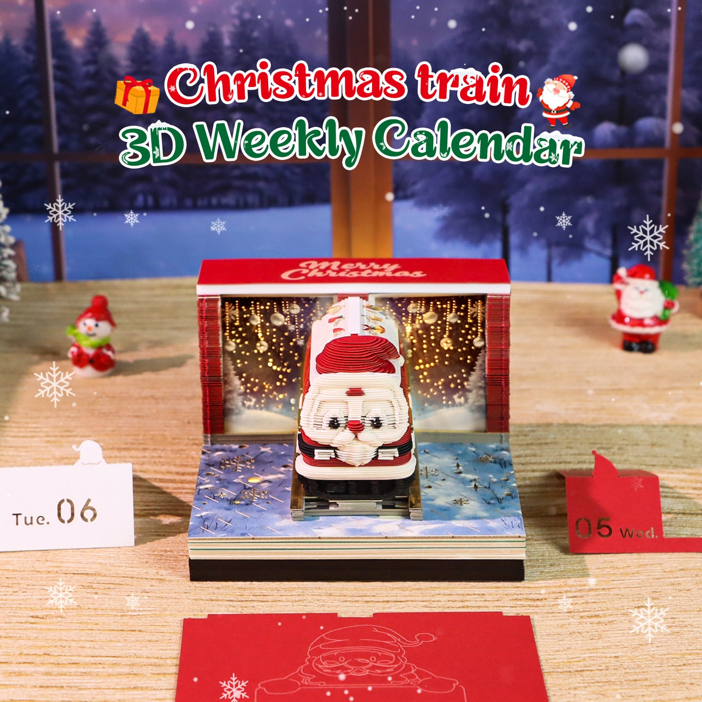 Santa Christmas Train Miniature Hand Tear off 3D Calendar Memo Pad With Light