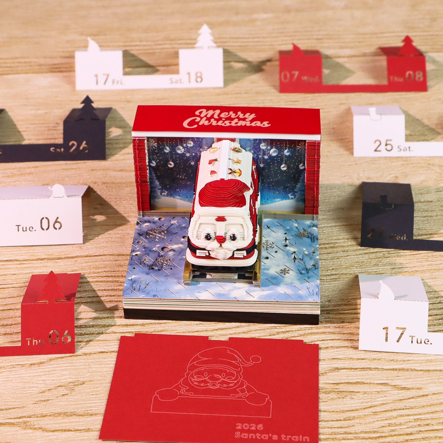 Santa Christmas Train Miniature Hand Tear off 3D Calendar Memo Pad With Light
