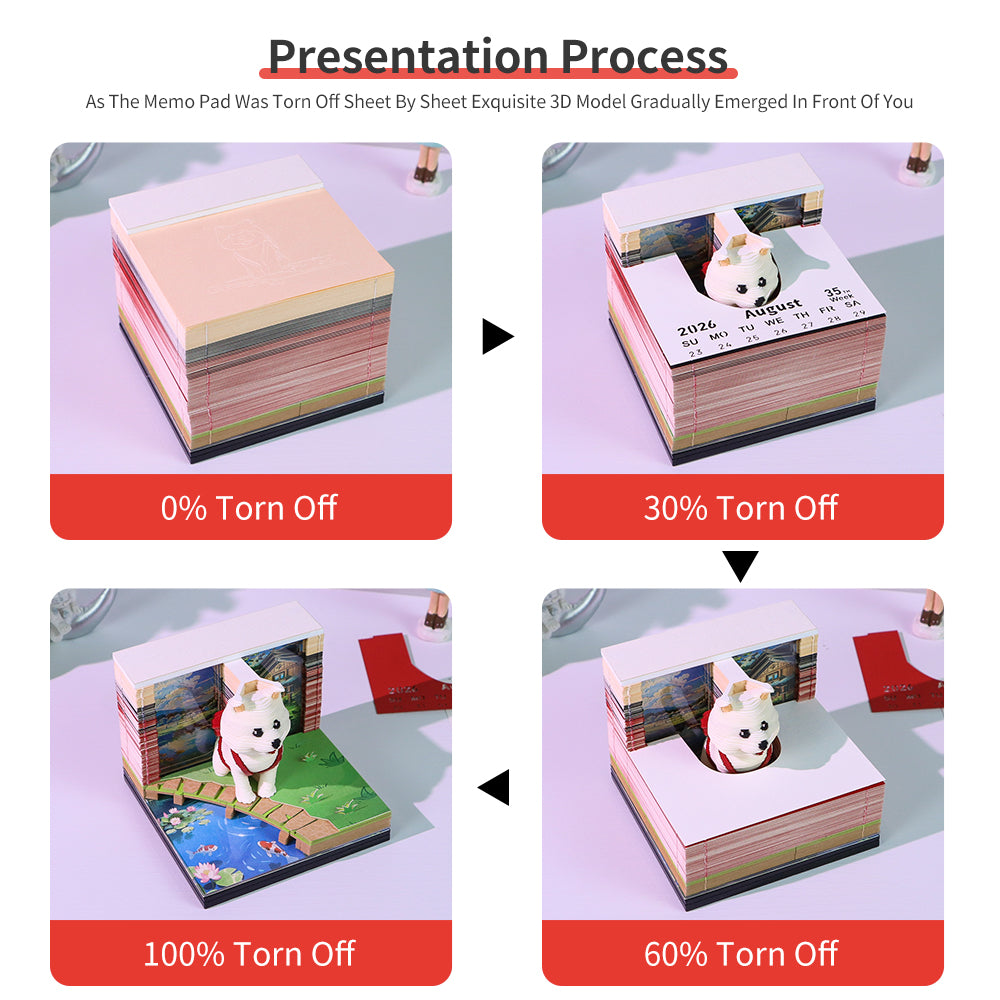 Cute Puppy Dog 3D Model Hand Torn Memo Pad With Weekly Calendar 2026