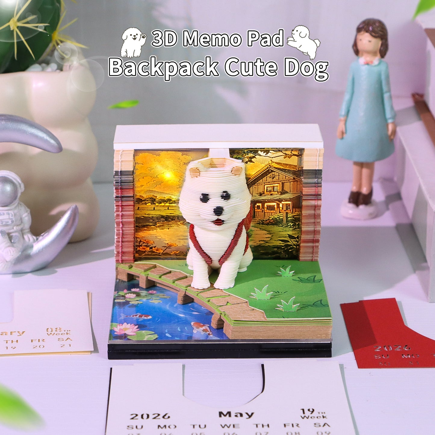 Cute Puppy Dog 3D Model Hand Torn Memo Pad With Weekly Calendar 2026