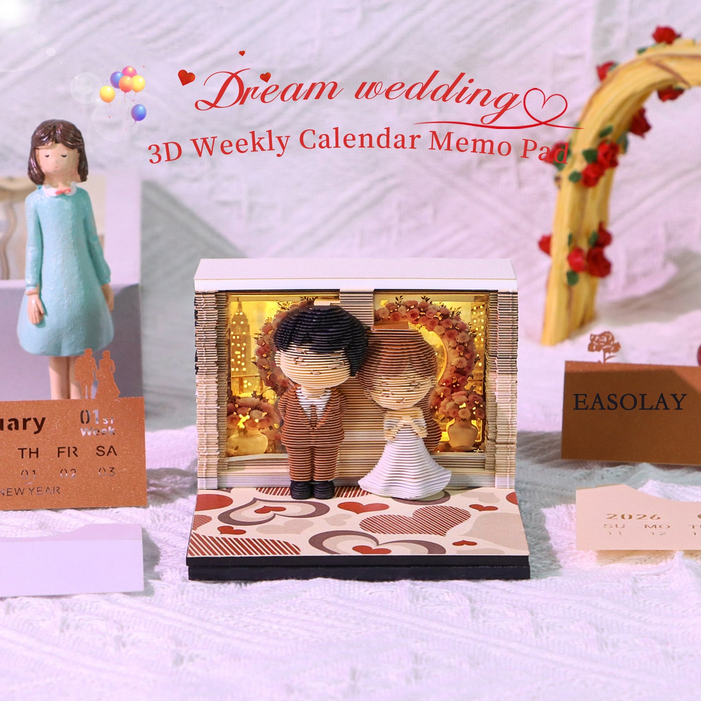 EASOLAY Dream Wedding Theme Hand Tear off 3D Memo Pad with Light