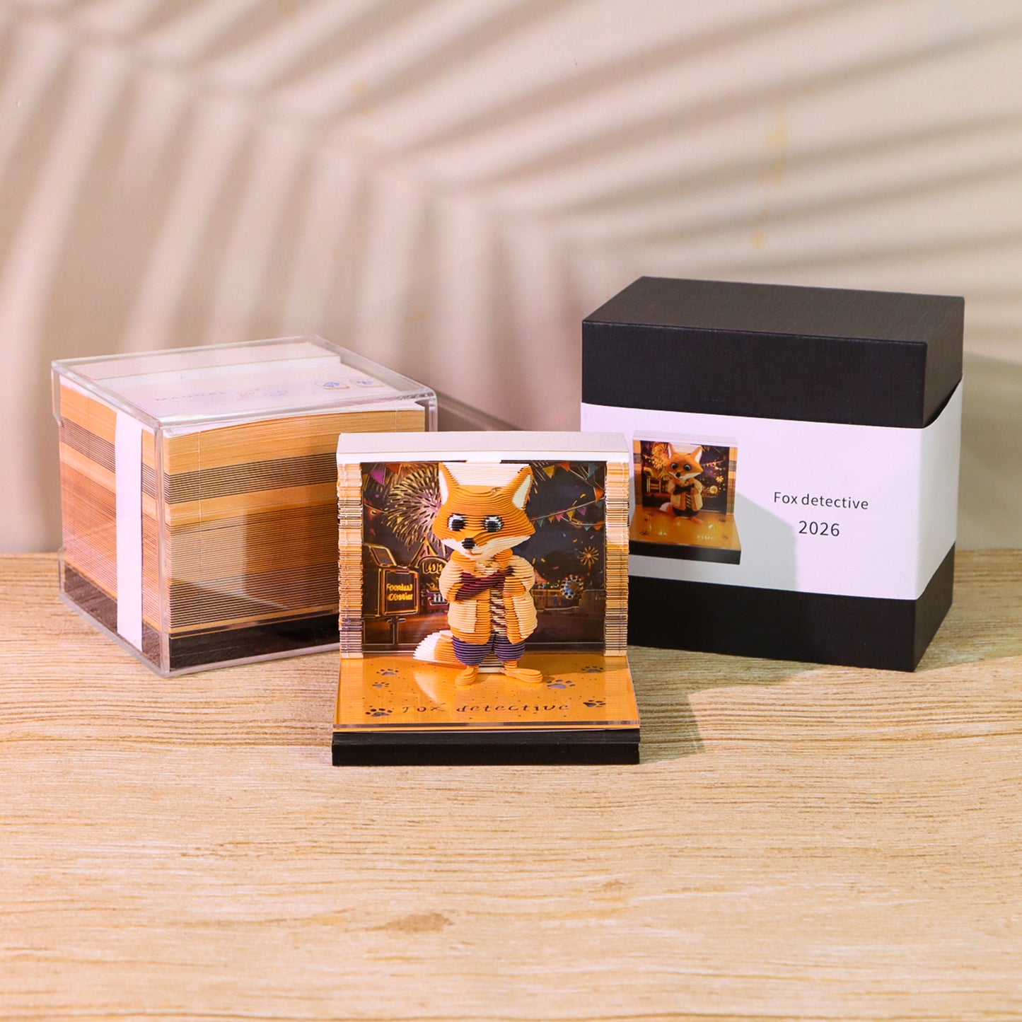 Cute Detective Fox Cartoon 3D Calendar Memo Pad With Light