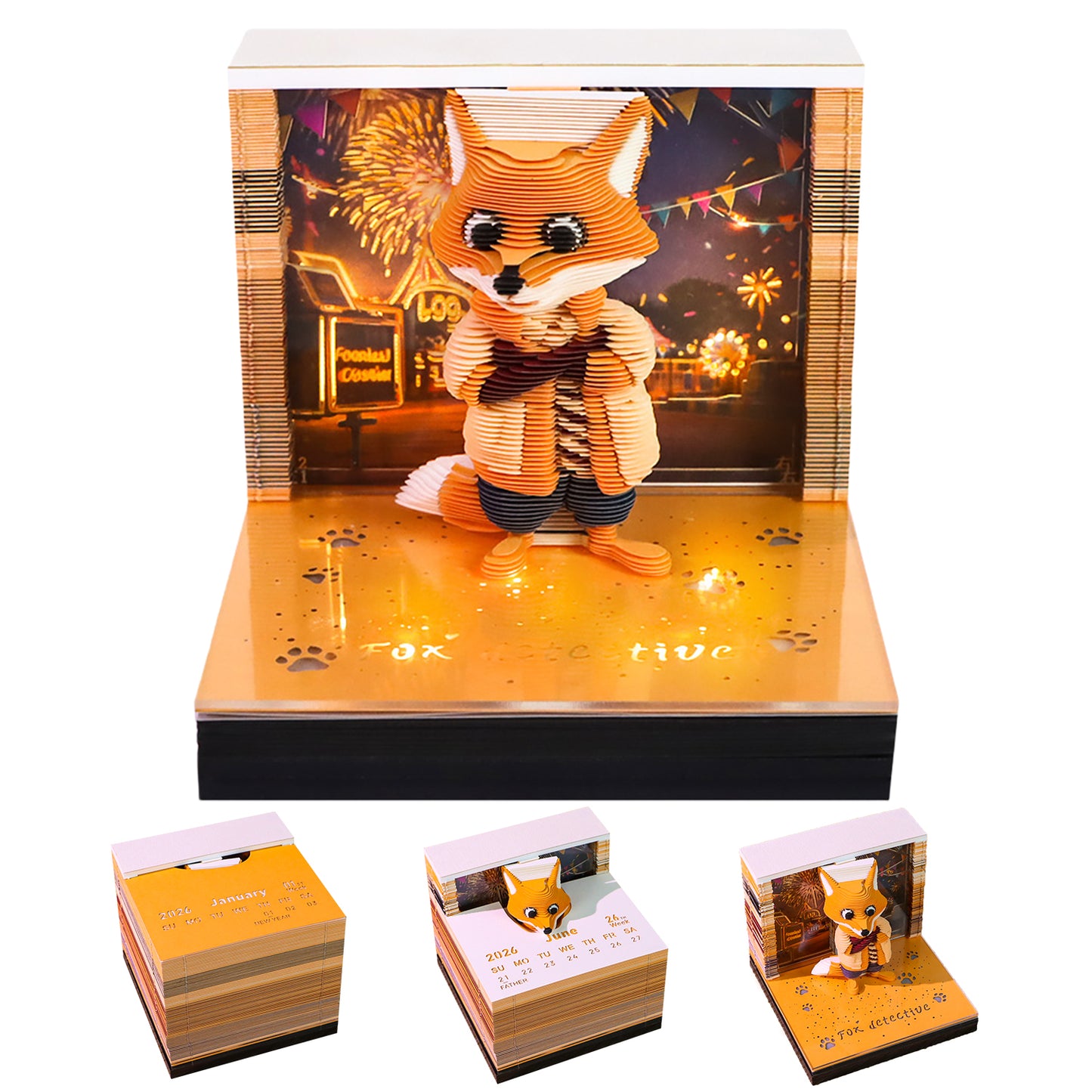 Cute Detective Fox Cartoon 3D Calendar Memo Pad With Light