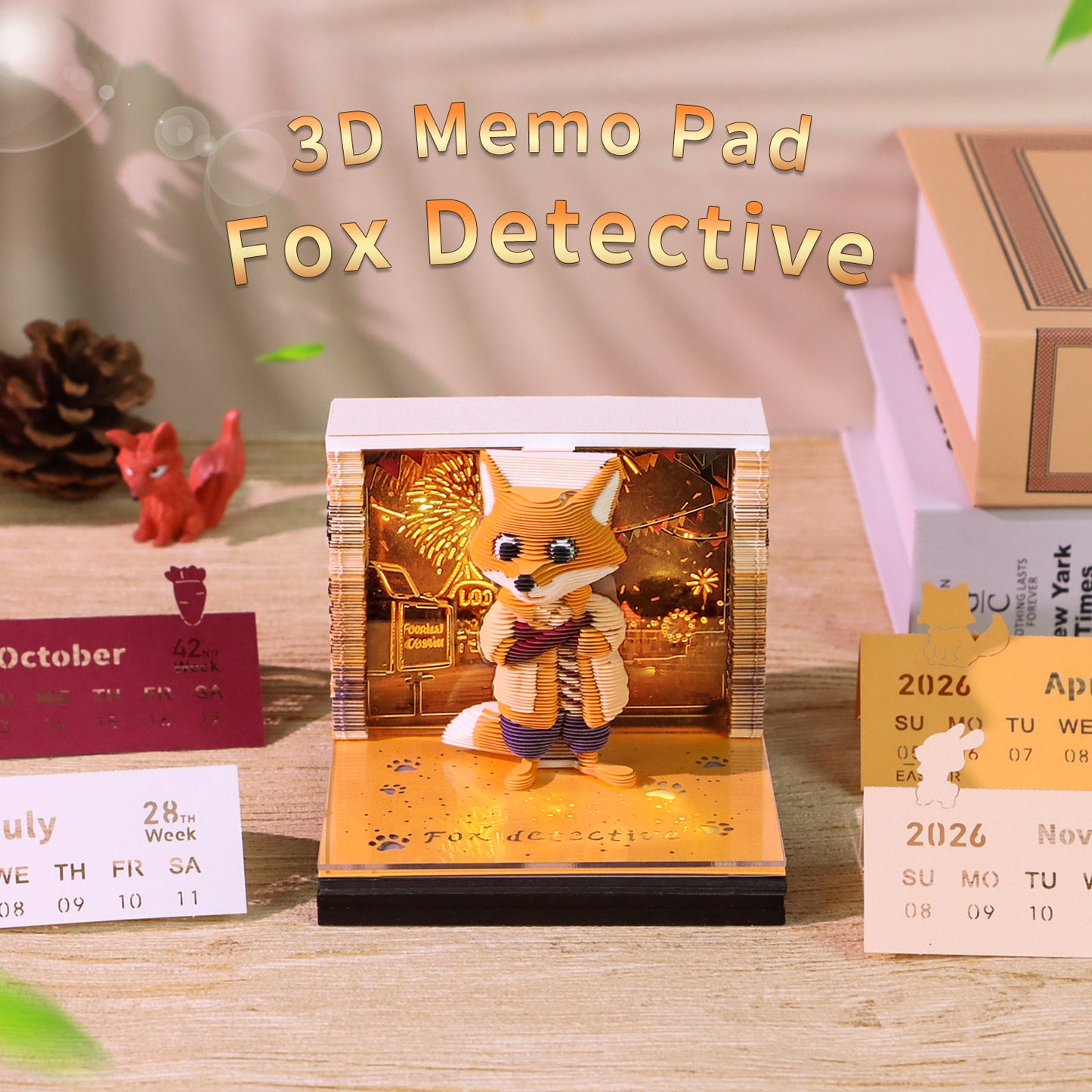 Cute Detective Fox Cartoon 3D Calendar Memo Pad With Light