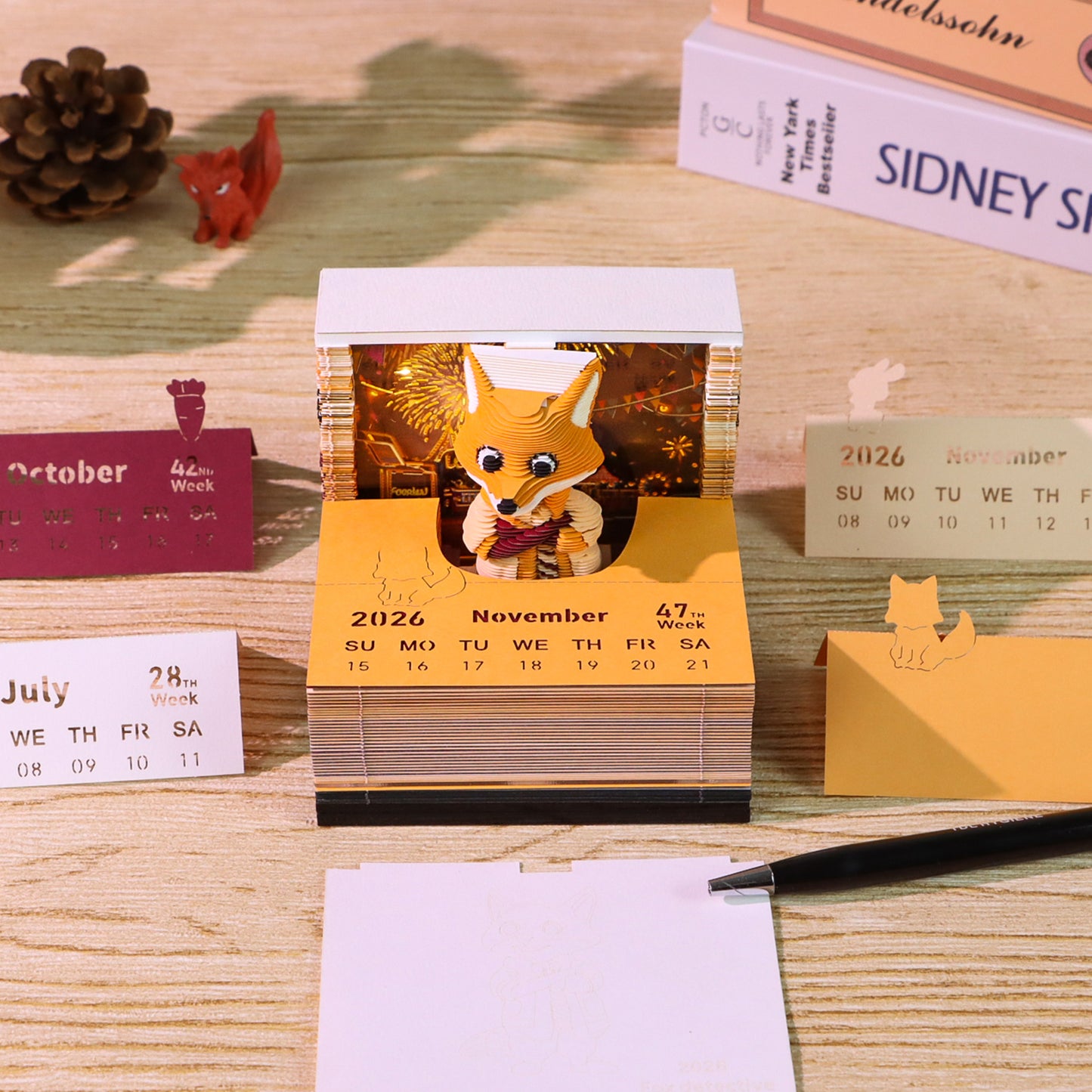 Cute Detective Fox Cartoon 3D Calendar Memo Pad With Light