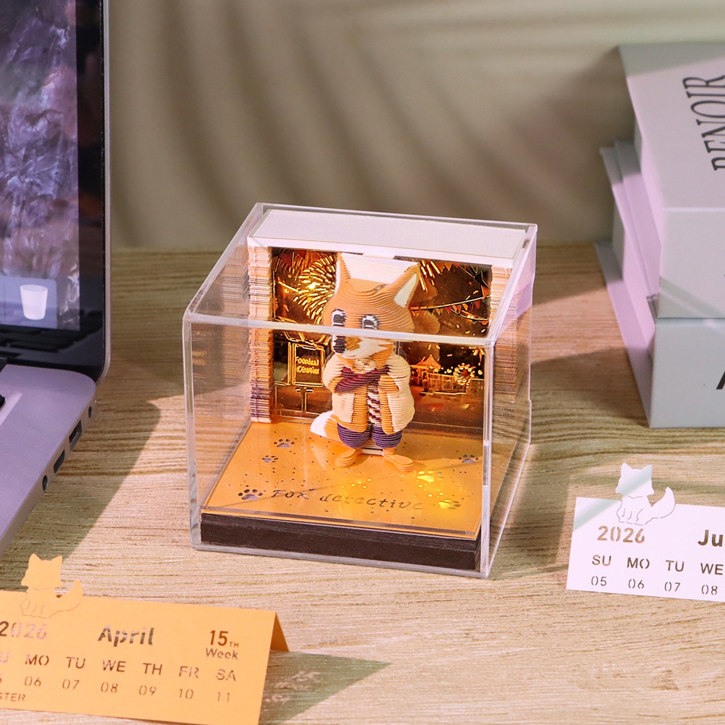 Cute Detective Fox Cartoon 3D Calendar Memo Pad With Light