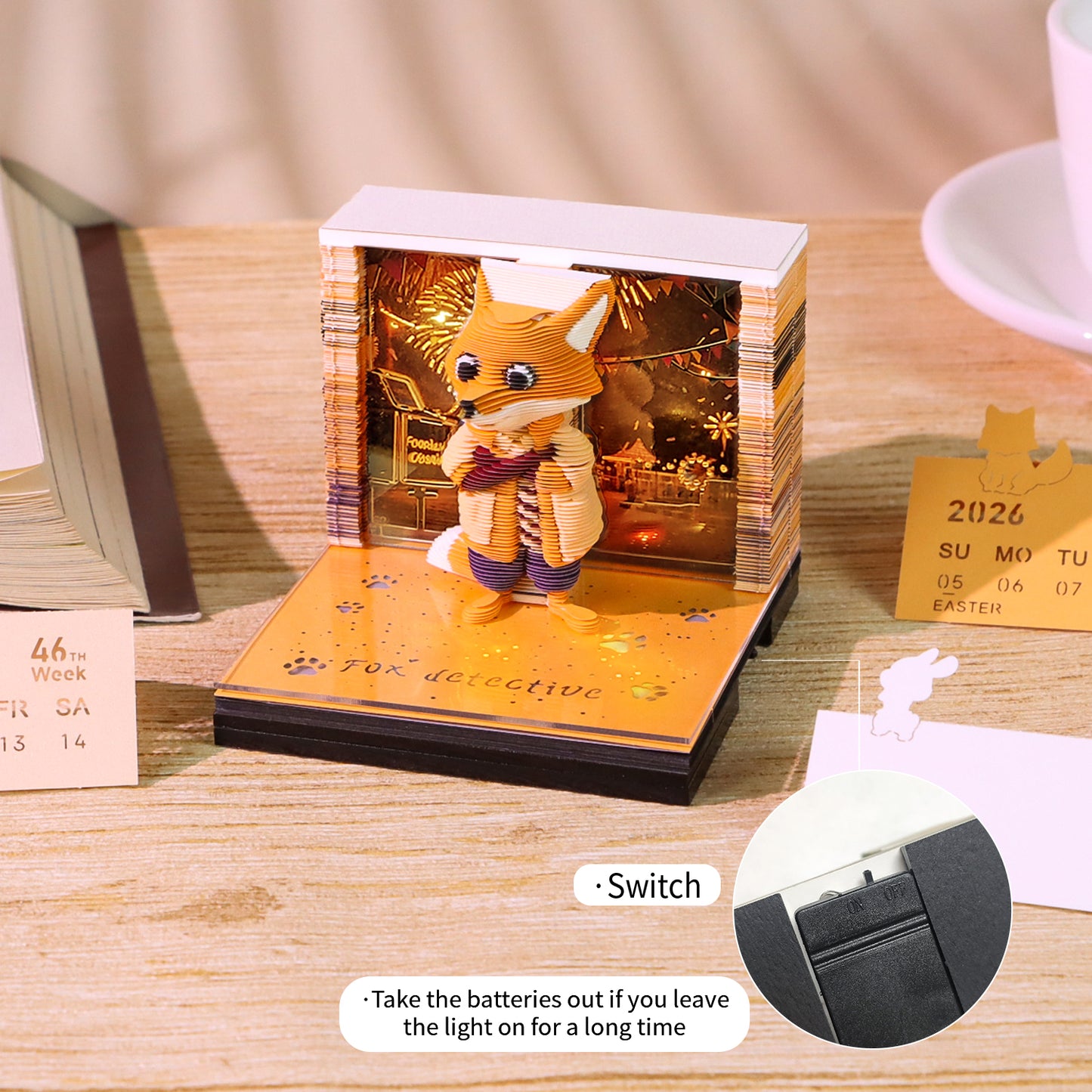 Cute Detective Fox Cartoon 3D Calendar Memo Pad With Light