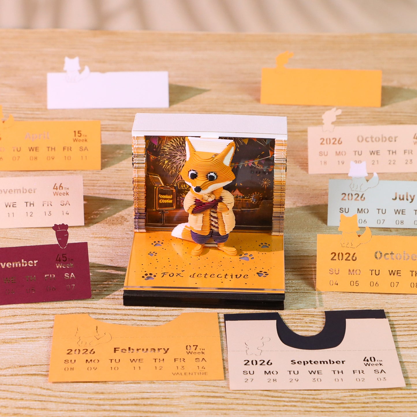 Cute Detective Fox Cartoon 3D Calendar Memo Pad With Light
