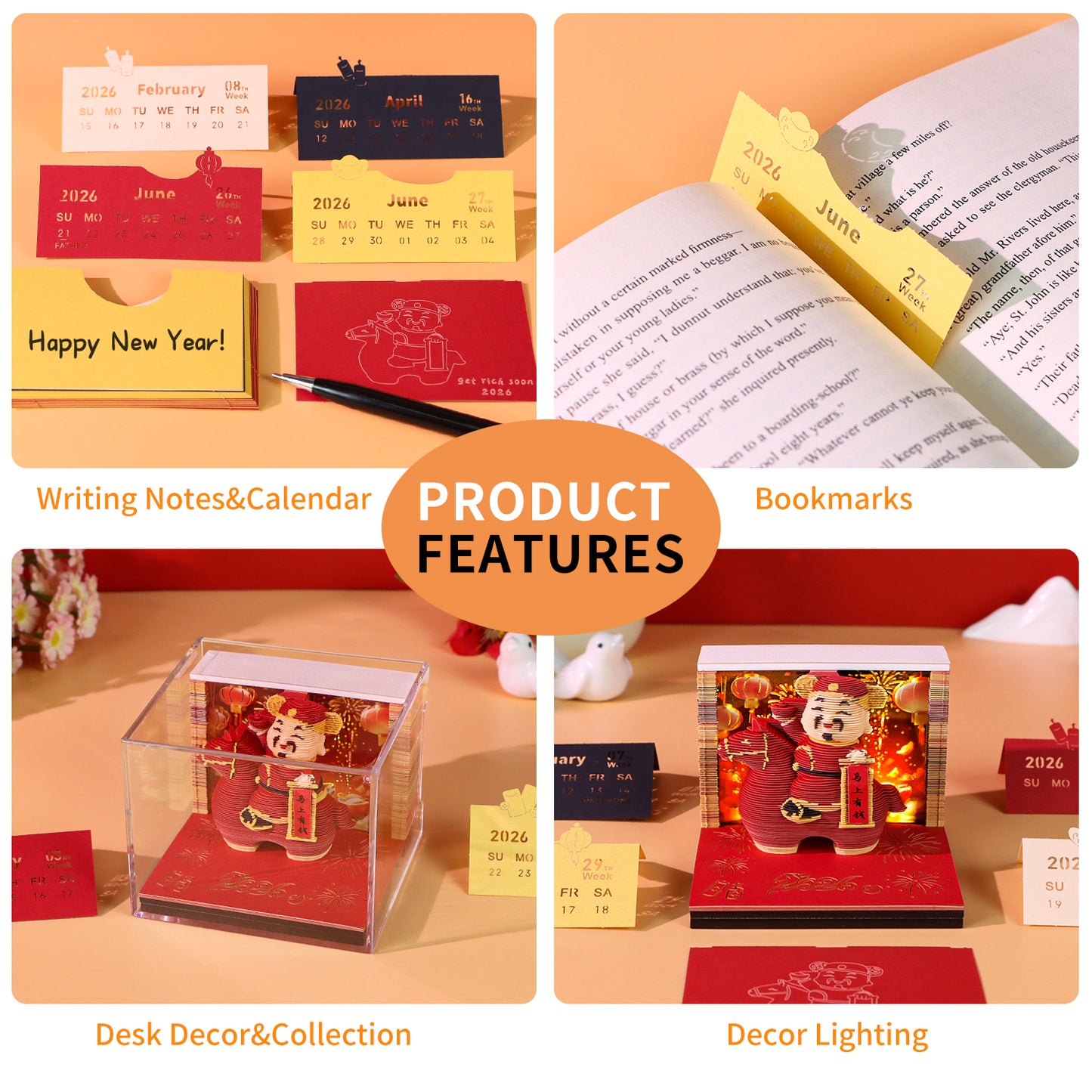 God of Wealth Figure Model Hand Tear off 3D Calendar Memo Pad with Light