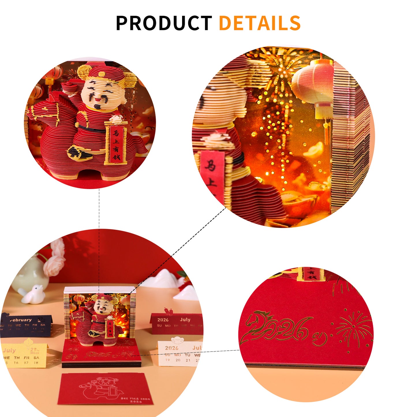 God of Wealth Figure Model Hand Tear off 3D Calendar Memo Pad with Light