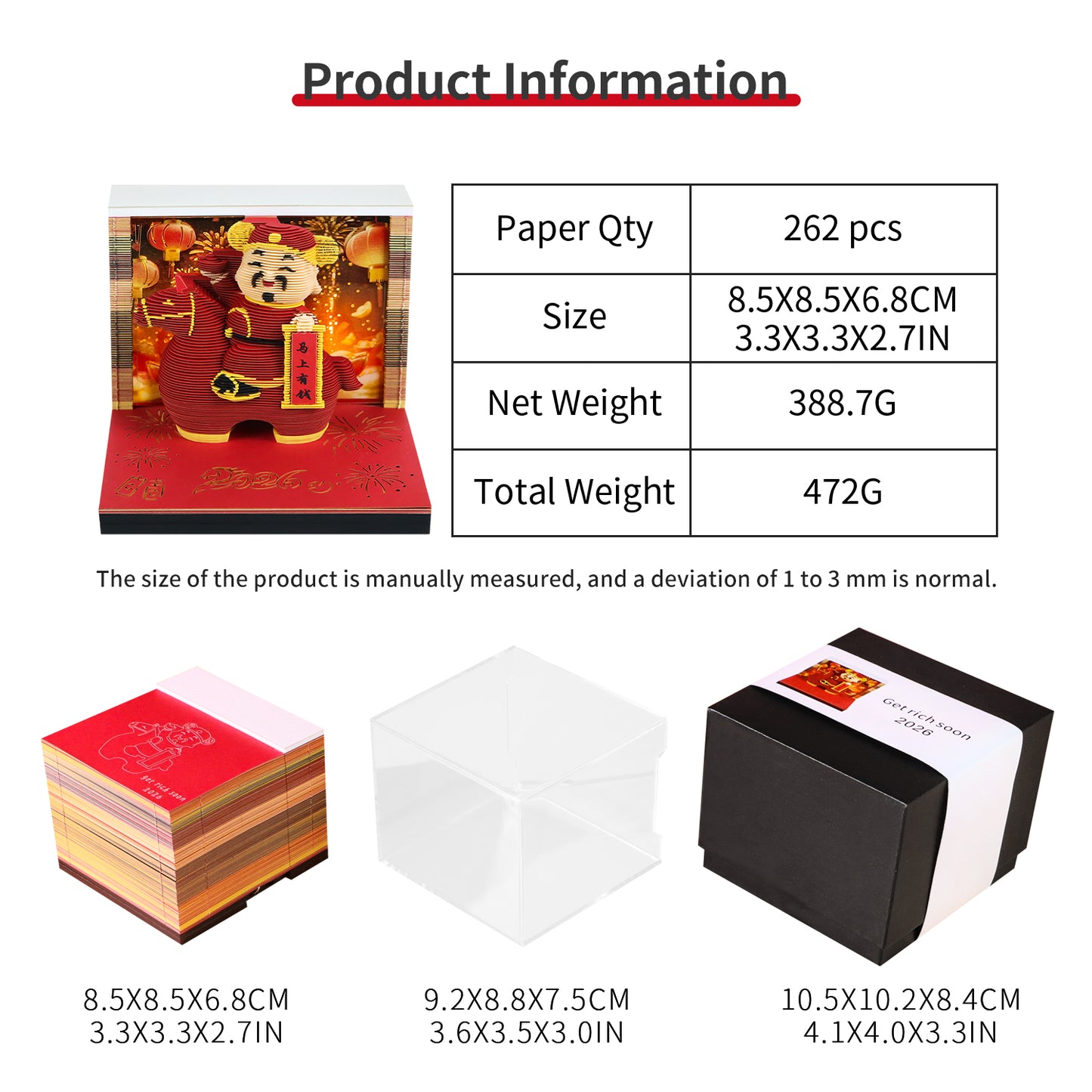 God of Wealth Figure Model Hand Tear off 3D Calendar Memo Pad with Light