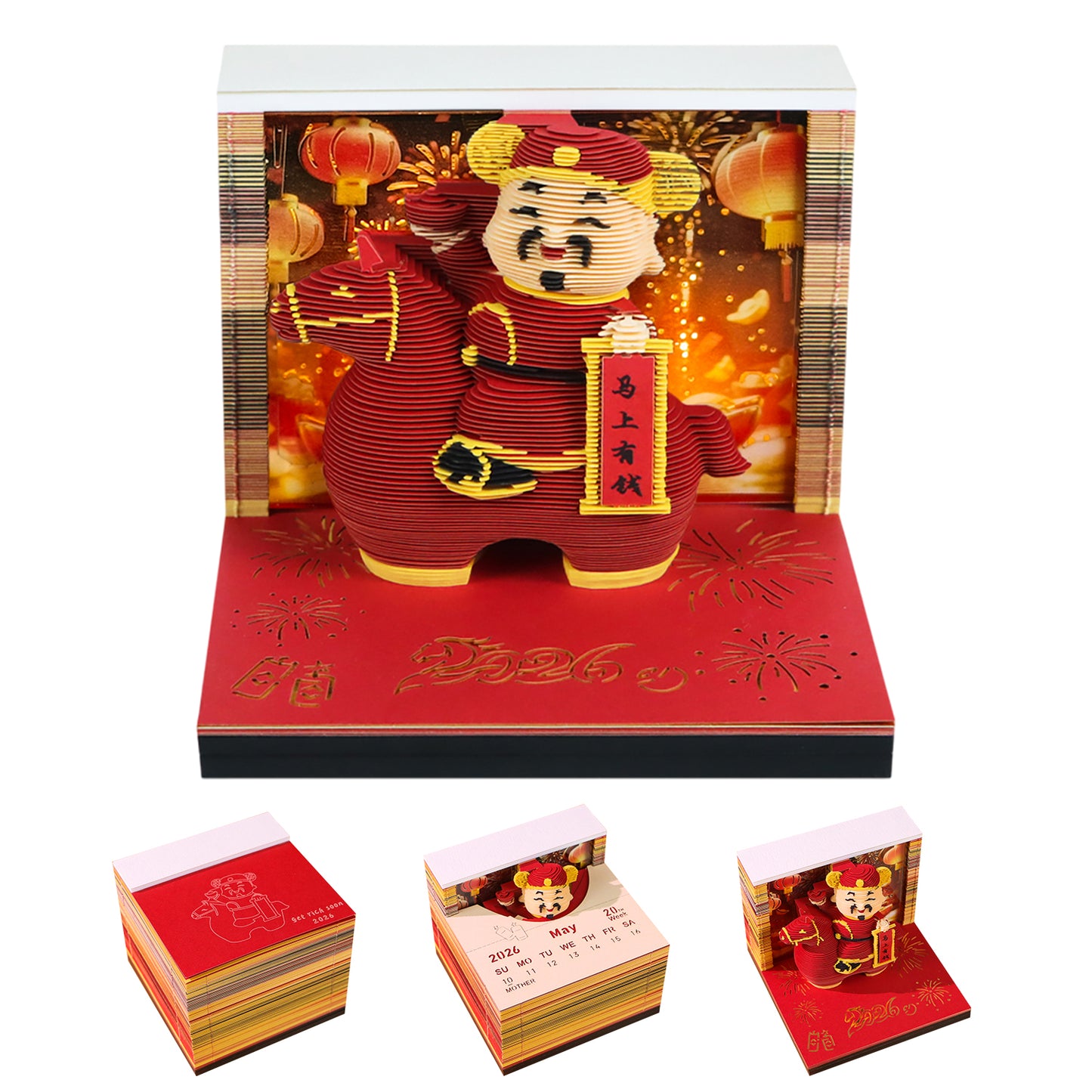 God of Wealth Figure Model Hand Tear off 3D Calendar Memo Pad with Light