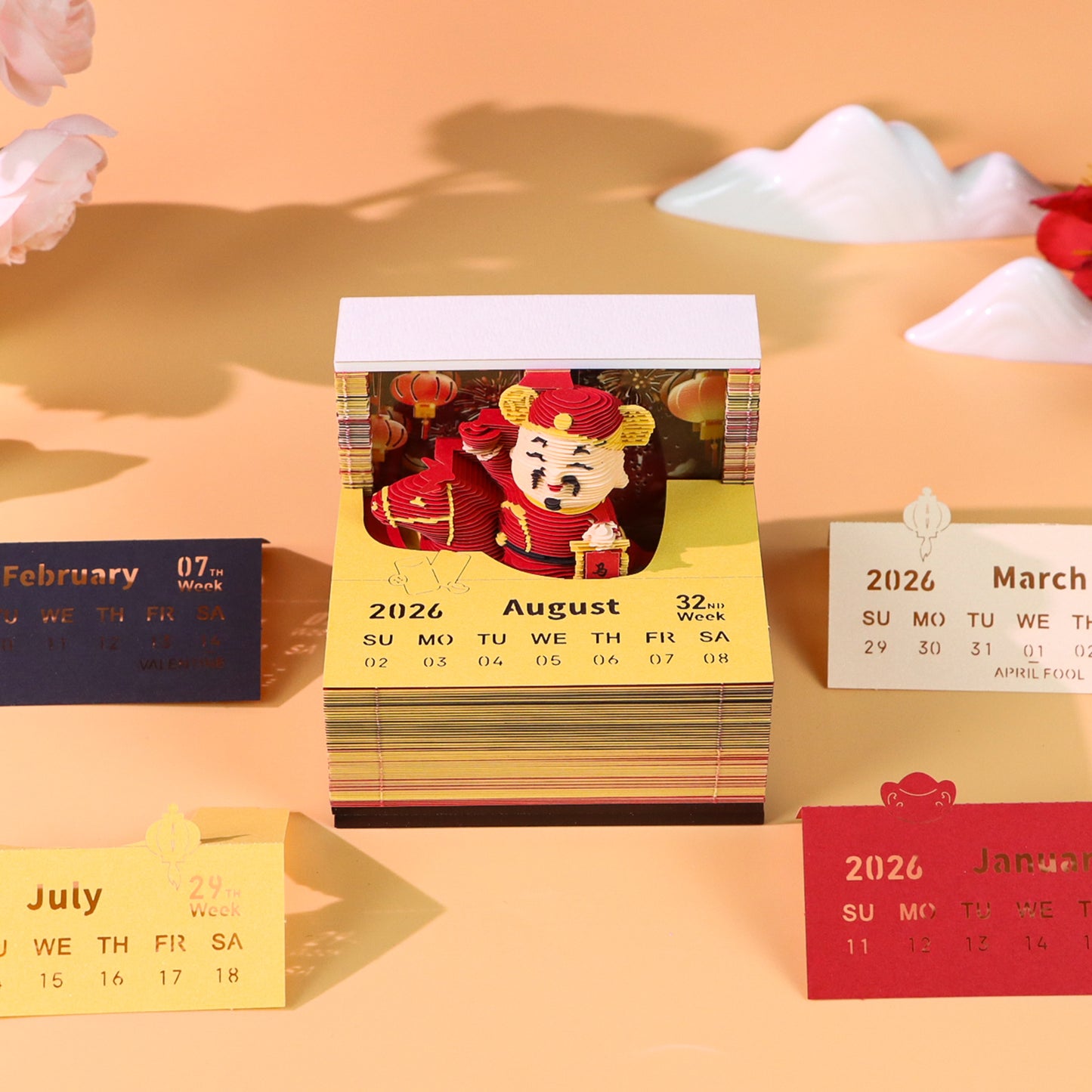 God of Wealth Figure Model Hand Tear off 3D Calendar Memo Pad with Light