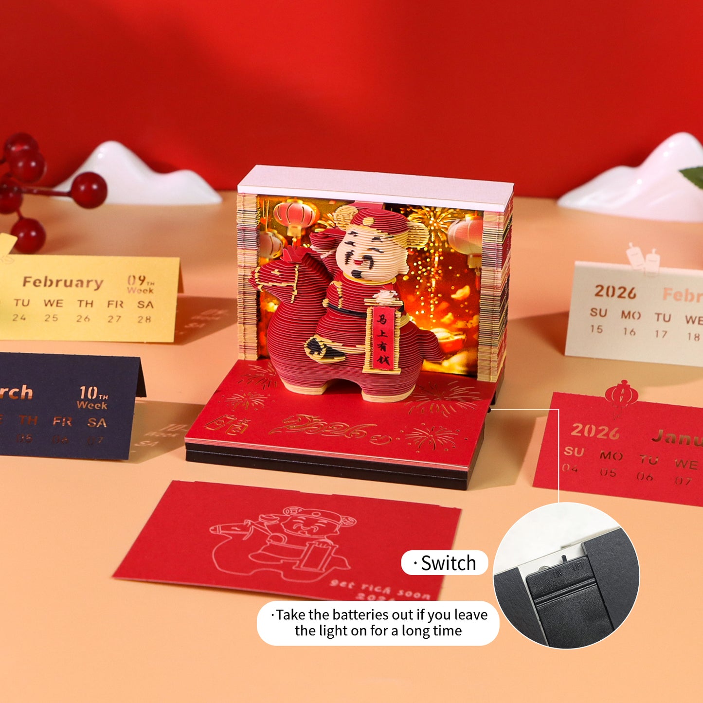 God of Wealth Figure Model Hand Tear off 3D Calendar Memo Pad with Light