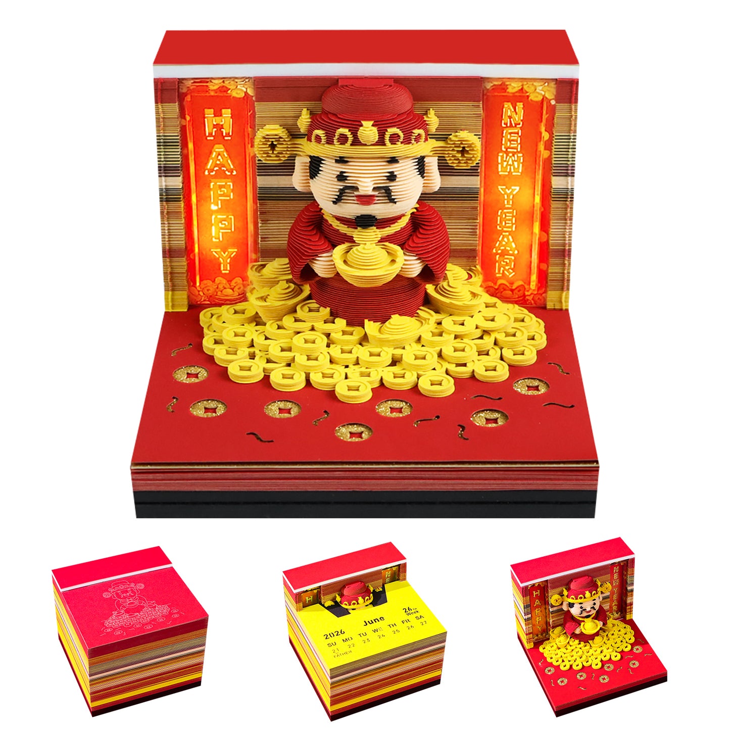 New Year Gift Lucky God of Wealth 3D Calendar Memo Pad With Light