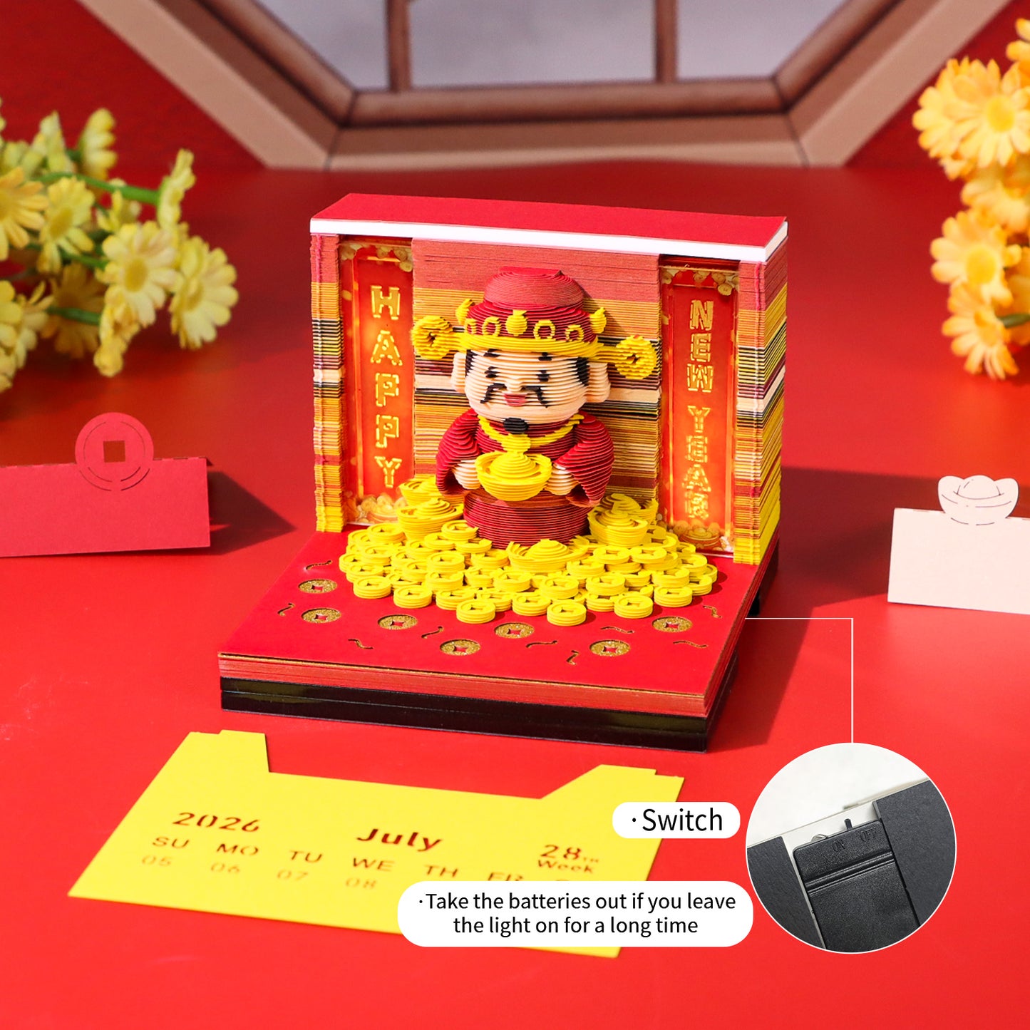 New Year Gift Lucky God of Wealth 3D Calendar Memo Pad With Light