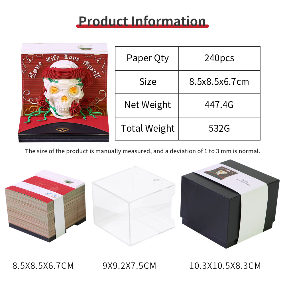 Christmas Gift Table Desk Calendar Custom Design Available Skull Head 3D Memo Pad 2025 3D Paper Craft Calendar For Gifting