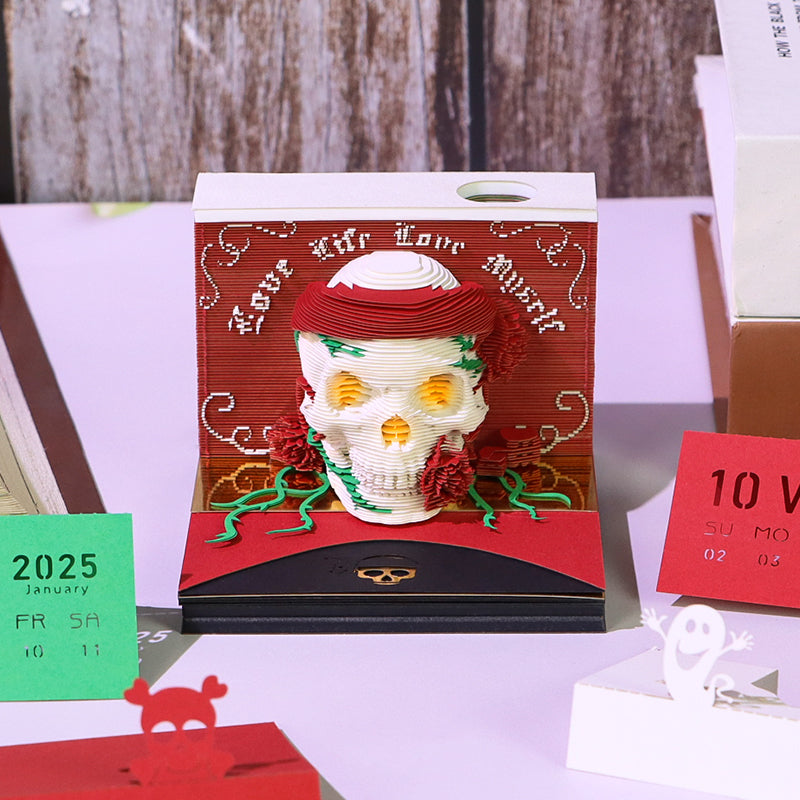 Christmas Gift Table Desk Calendar Custom Design Available Skull Head 3D Memo Pad 2025 3D Paper Craft Calendar For Gifting