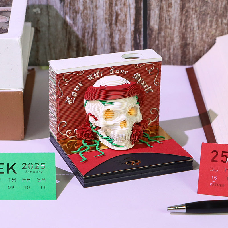 Christmas Gift Table Desk Calendar Custom Design Available Skull Head 3D Memo Pad 2025 3D Paper Craft Calendar For Gifting