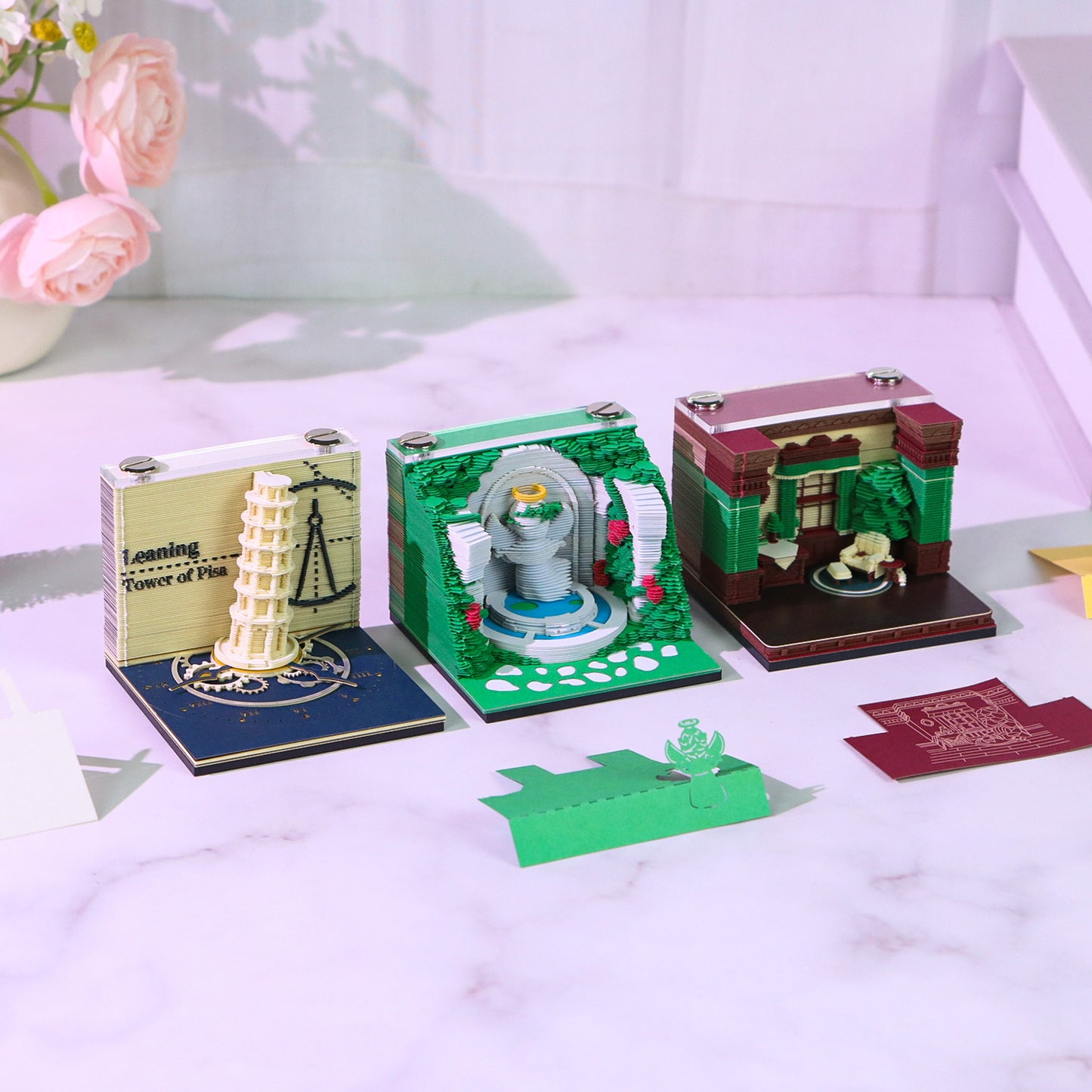 Leaning Tower of Pisa/Angel Wishing Fountain/Retro House 3D Miniature Model Hand Tear Off Memo Pad