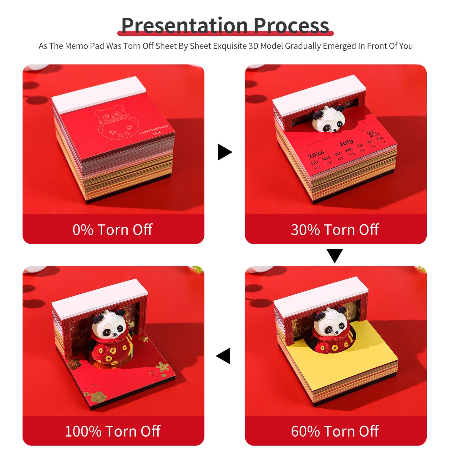 Lucky Panda Grab Bag Miniature Hand Tear off 3D Calendar Memo Pad With Light