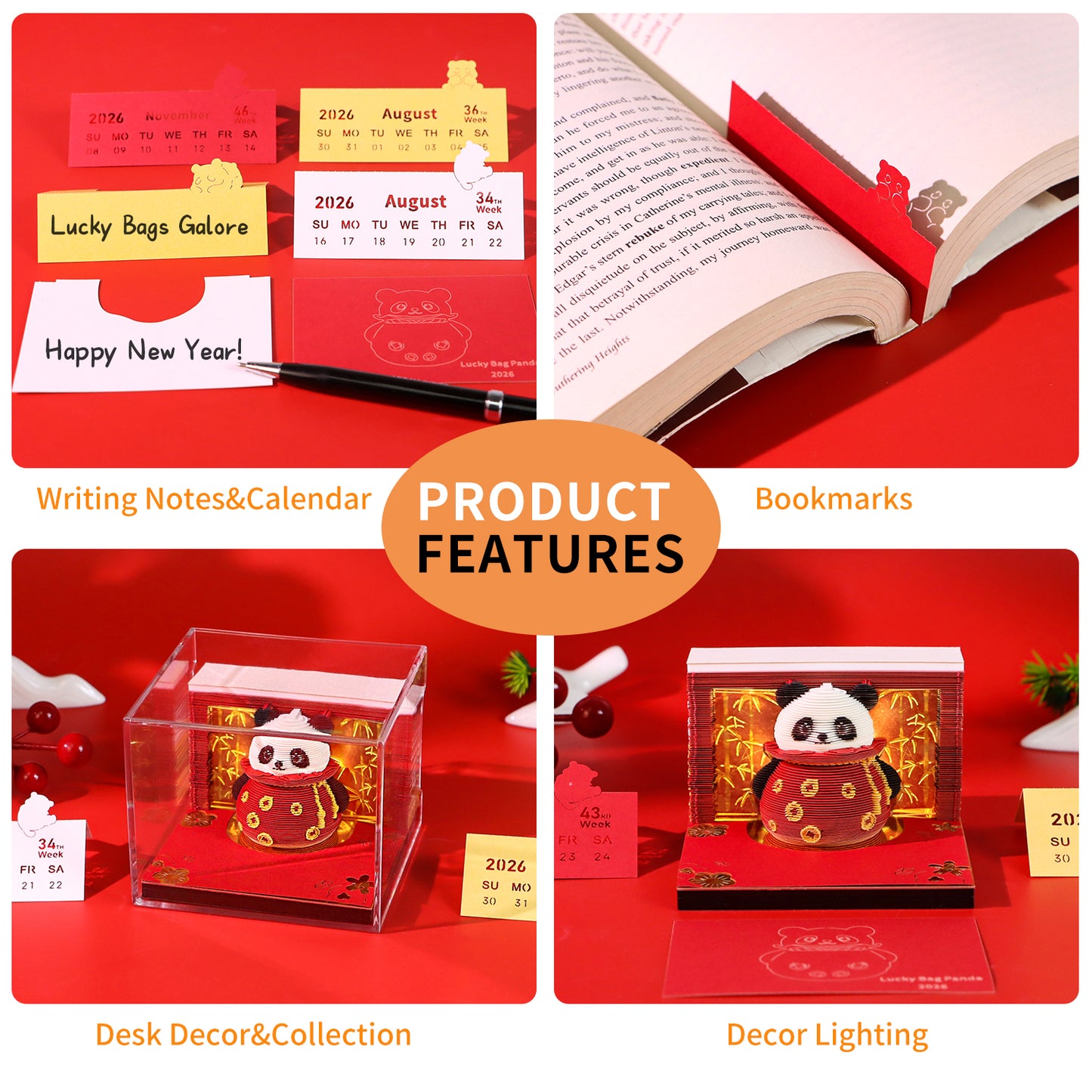 Lucky Panda Grab Bag Miniature Hand Tear off 3D Calendar Memo Pad With Light