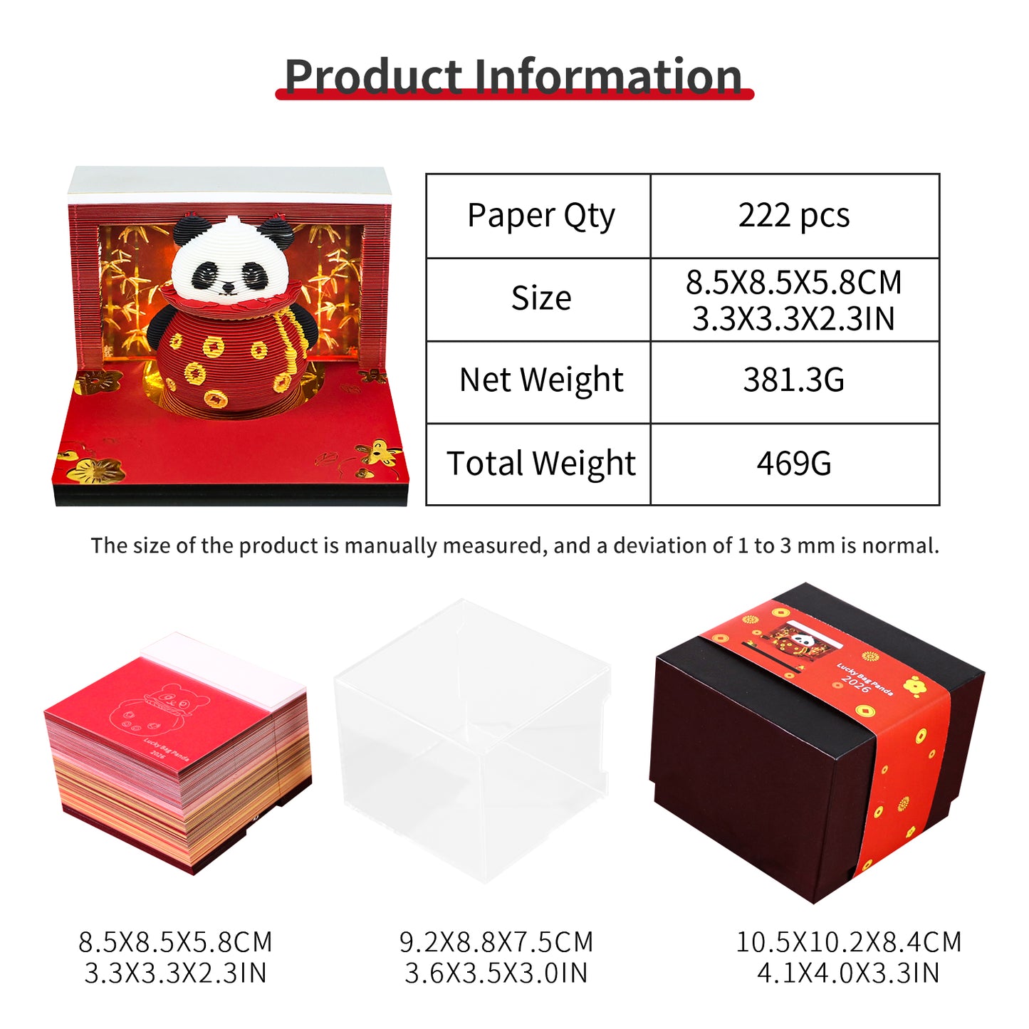 Lucky Panda Grab Bag Miniature Hand Tear off 3D Calendar Memo Pad With Light