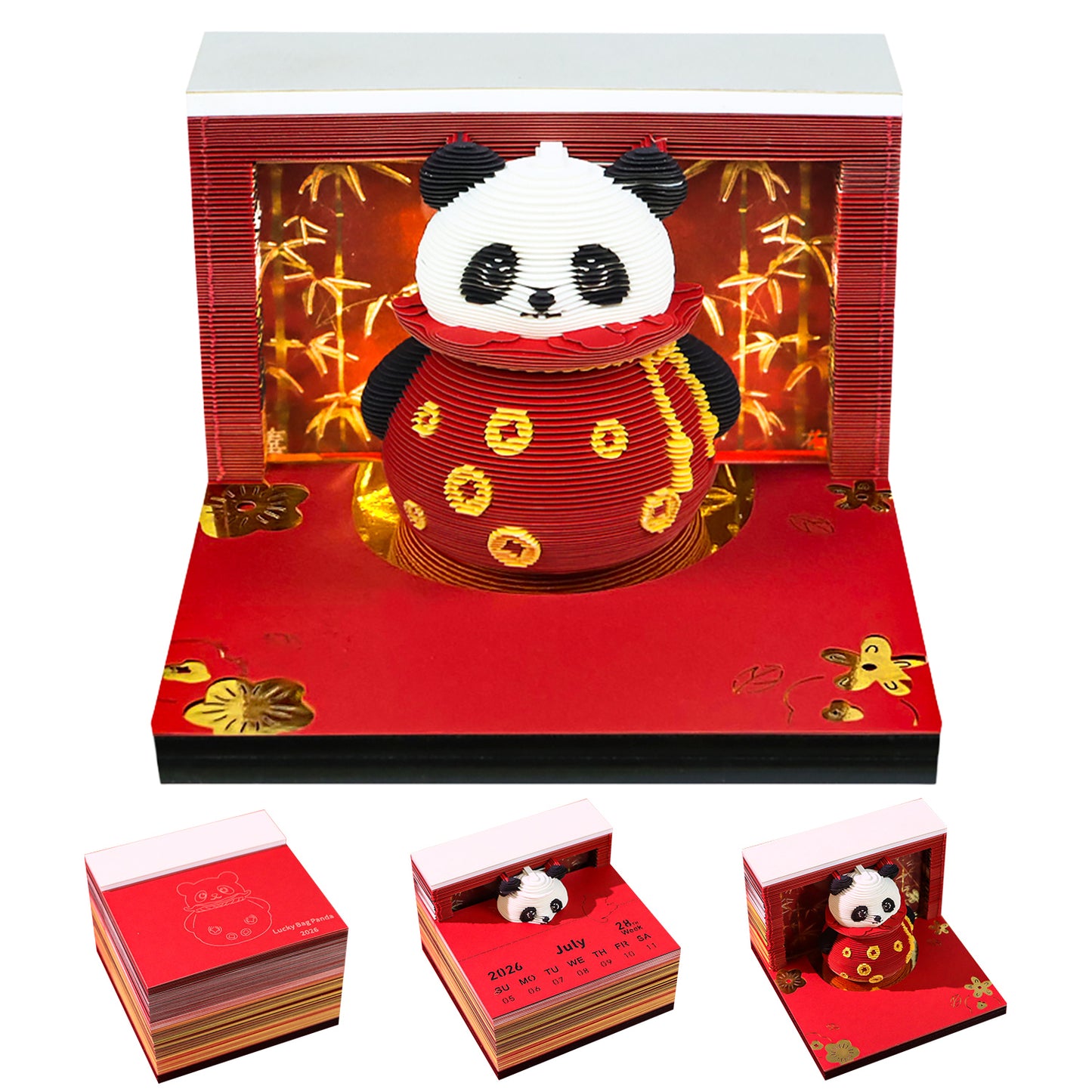 Lucky Panda Grab Bag Miniature Hand Tear off 3D Calendar Memo Pad With Light