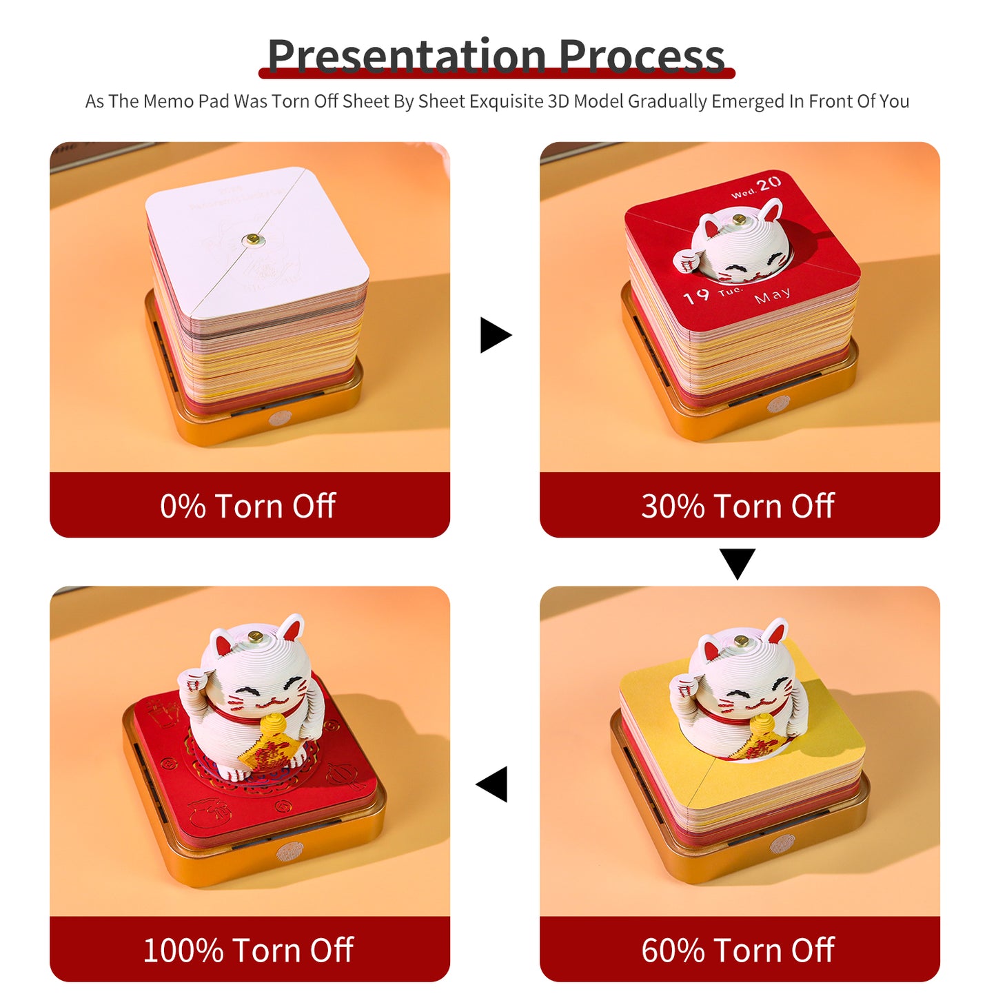 Lucky Ctchinese Style 3D Paper Sculpture Calendar Memo Pad With Light