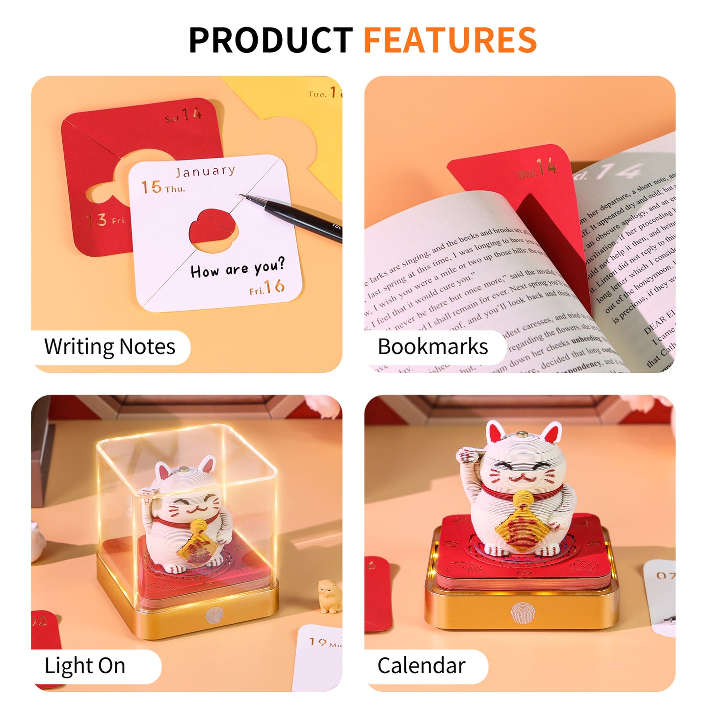 Lucky Ctchinese Style 3D Paper Sculpture Calendar Memo Pad With Light
