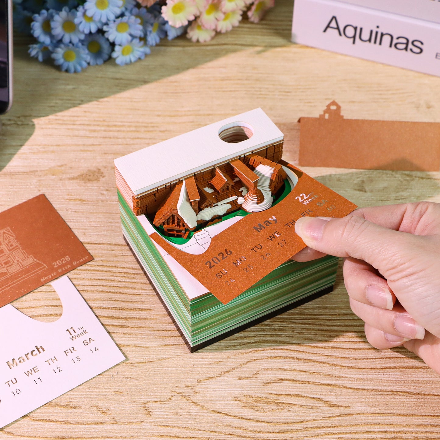 Magic Wish House Diorama Model Hand Tear off 3D Calendar Memo Pad with Light