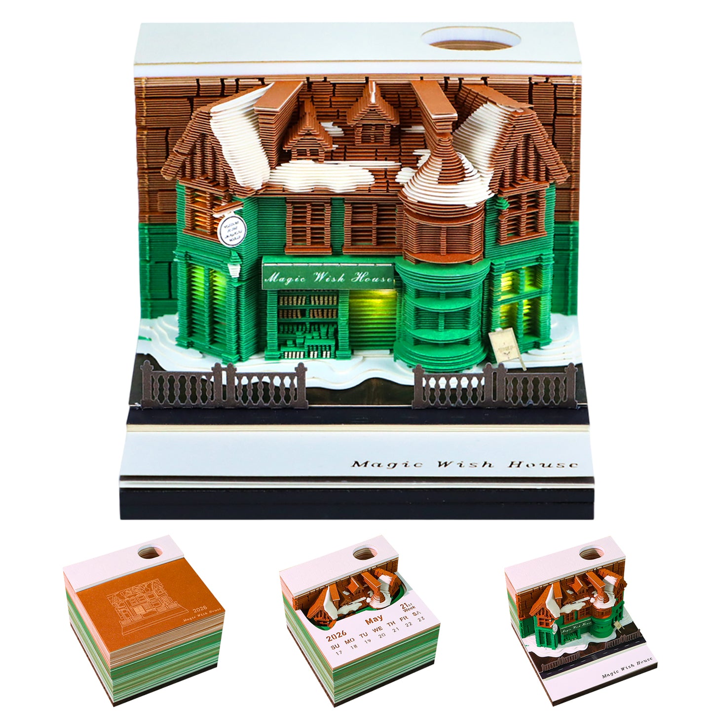 Magic Wish House Diorama Model Hand Tear off 3D Calendar Memo Pad with Light