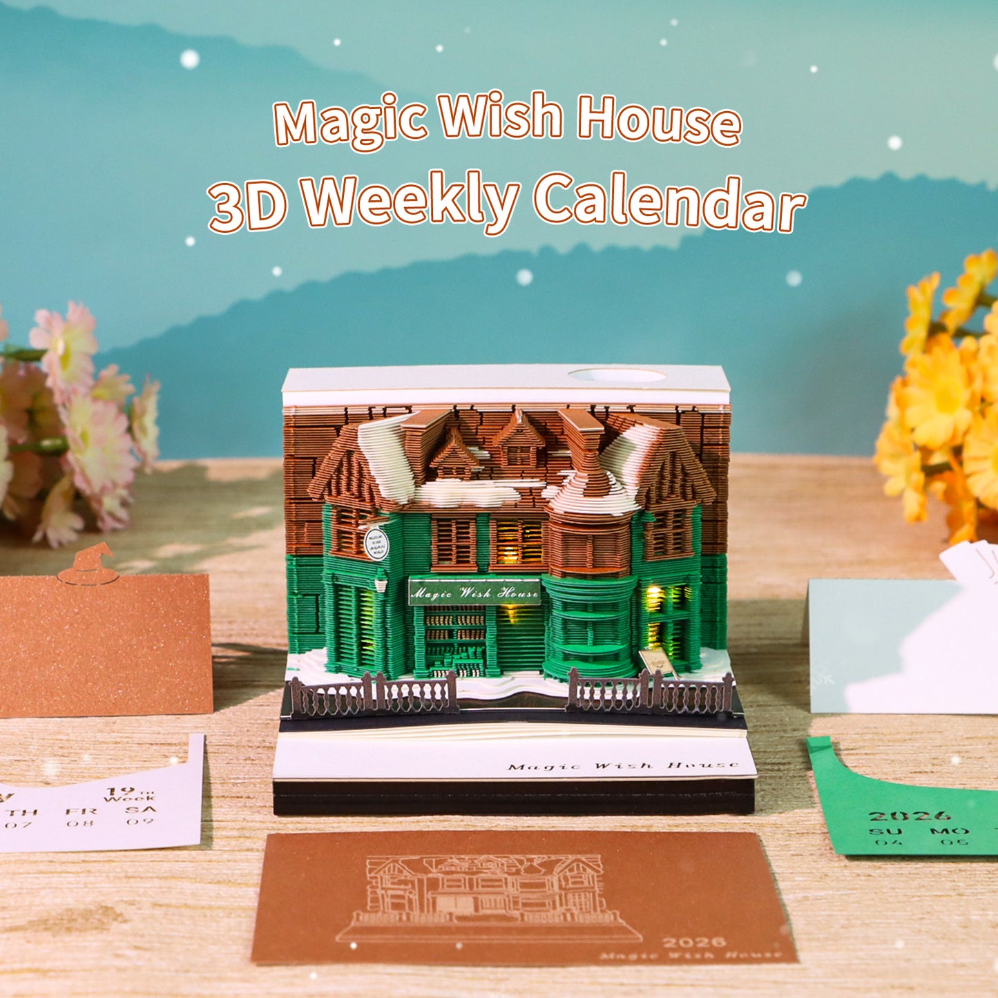 Magic Wish House Diorama Model Hand Tear off 3D Calendar Memo Pad with Light