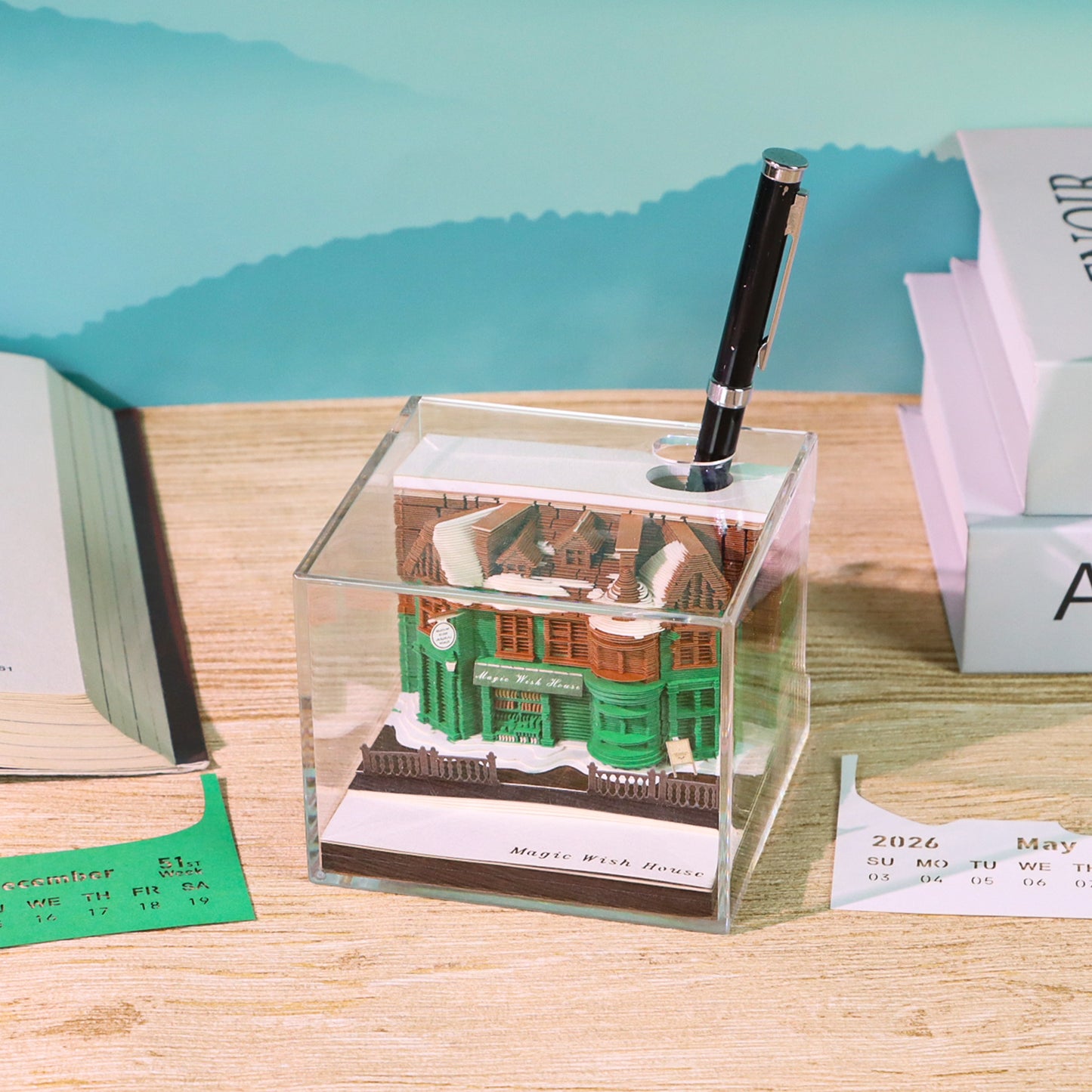 Magic Wish House Diorama Model Hand Tear off 3D Calendar Memo Pad with Light