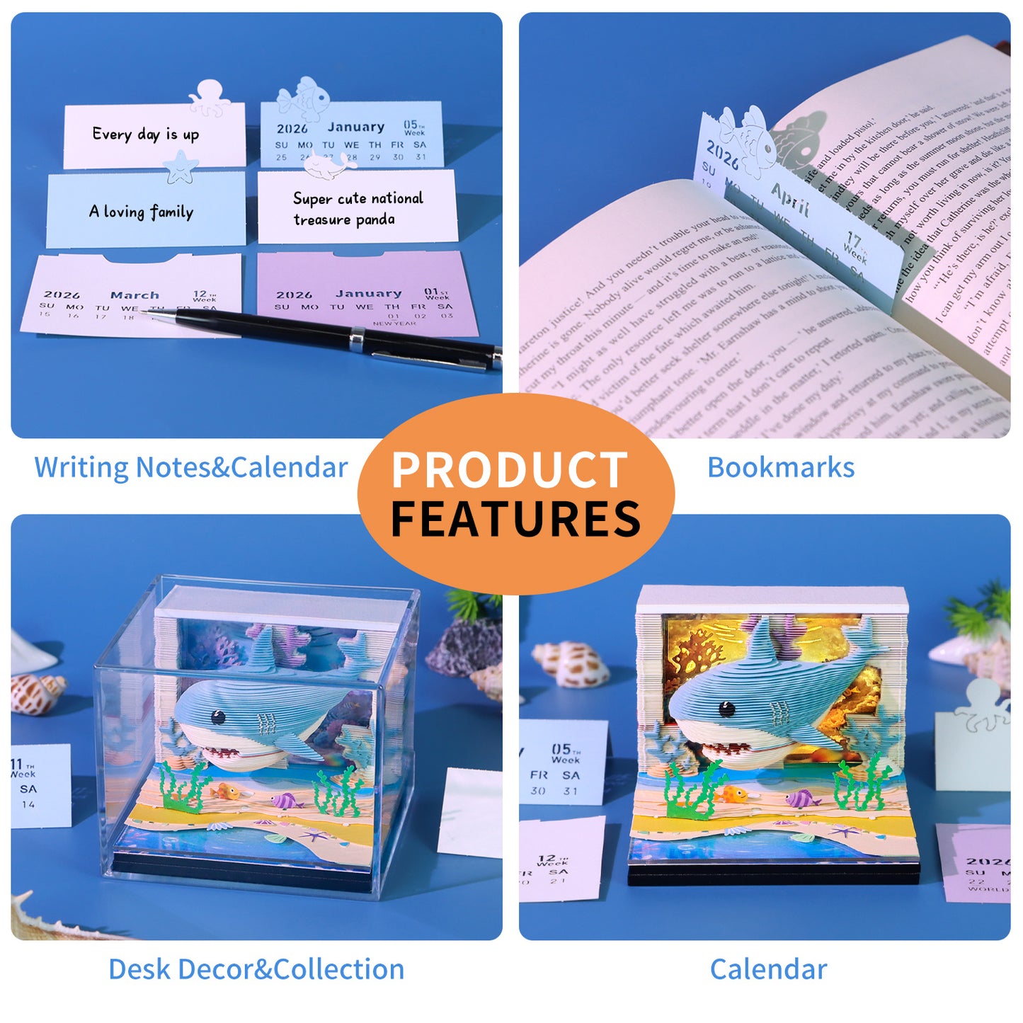 Cute Ocean Shark 3D Model Memo Pad With Calendar and LED