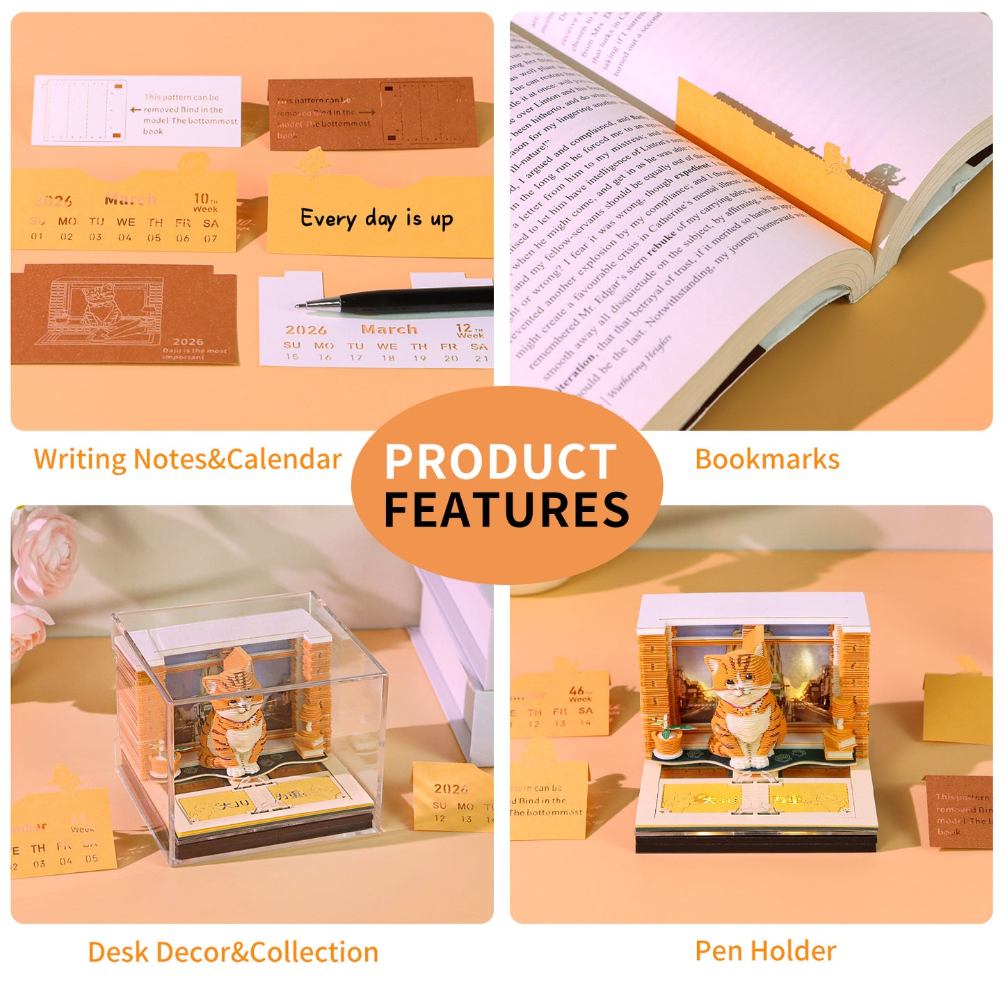 Orange Cat Pet Miniature Hand Tear off 3D Calendar Memo Pad With Light