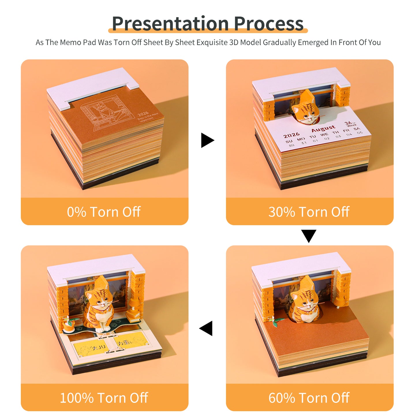 Orange Cat Pet Miniature Hand Tear off 3D Calendar Memo Pad With Light