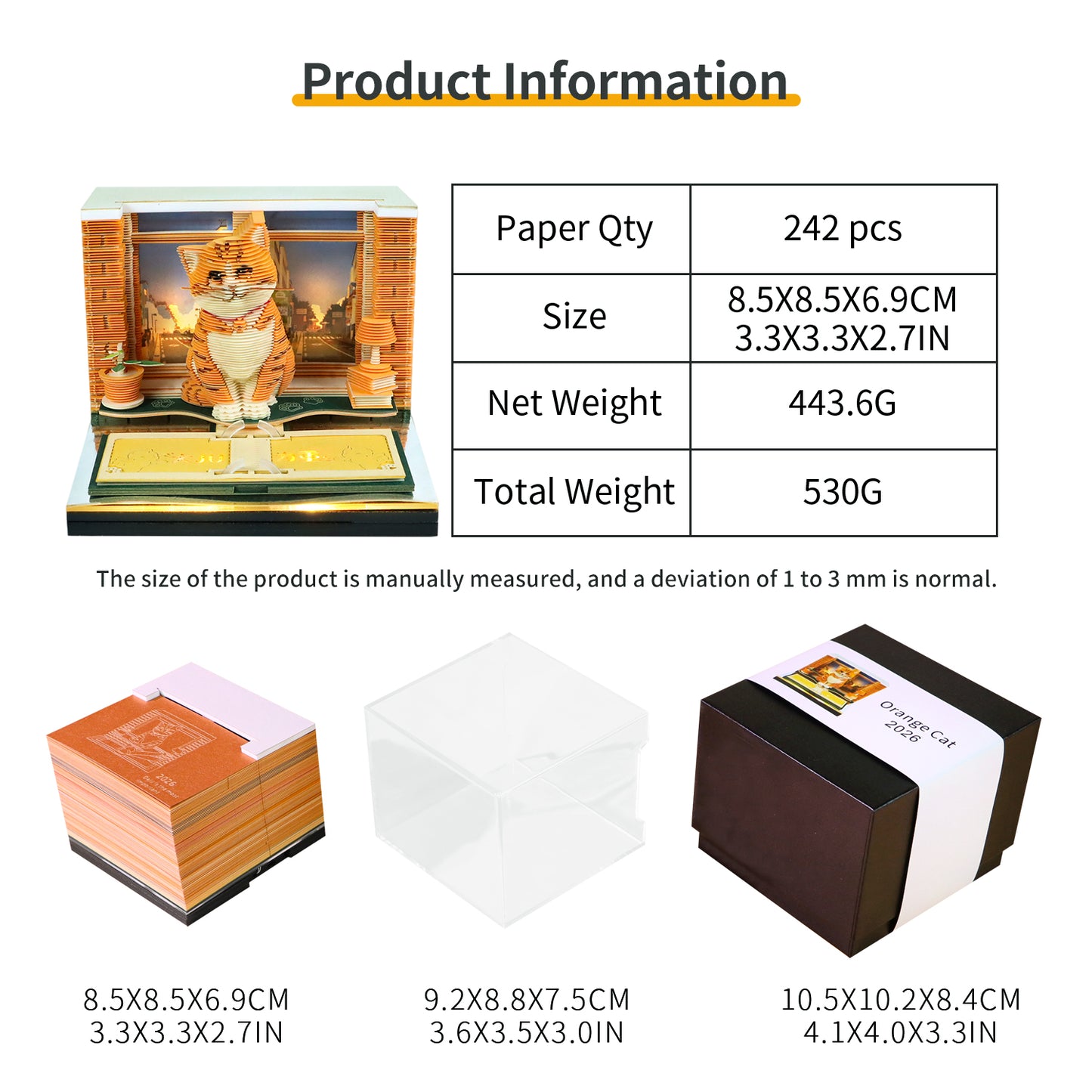 Orange Cat Pet Miniature Hand Tear off 3D Calendar Memo Pad With Light