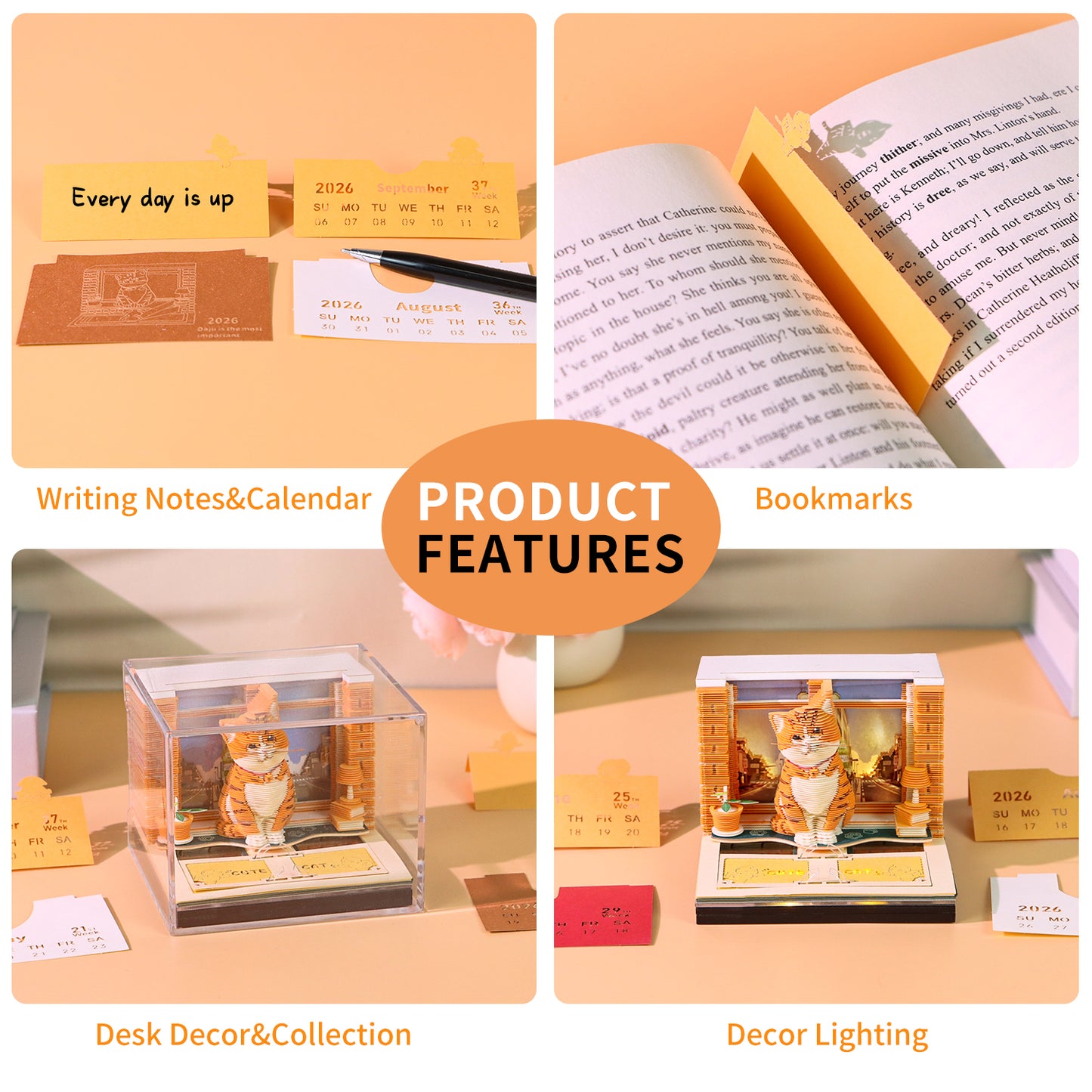 Cute Orange Cat Hand Tear off 3D Calendar Memo Pad With Ligh