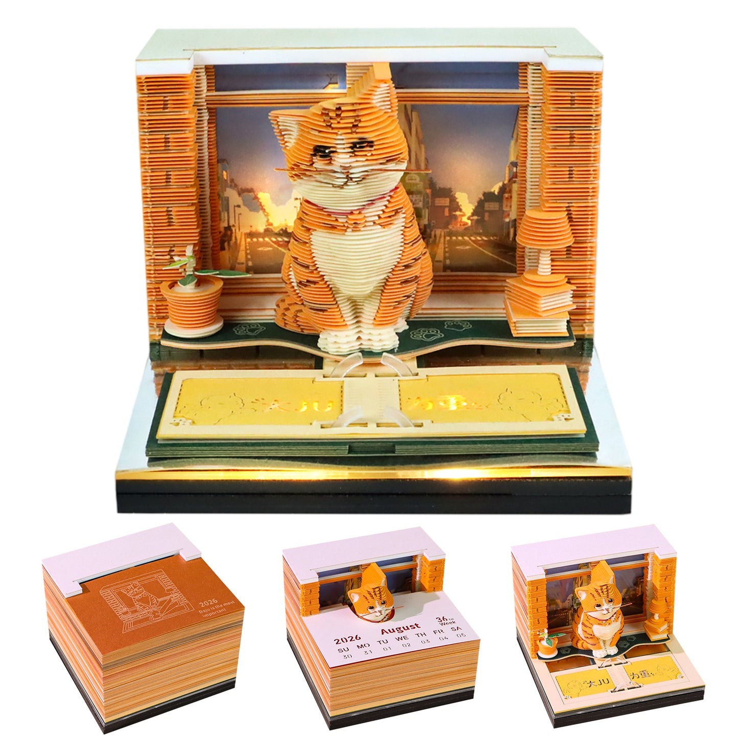 Orange Cat Pet Miniature Hand Tear off 3D Calendar Memo Pad With Light