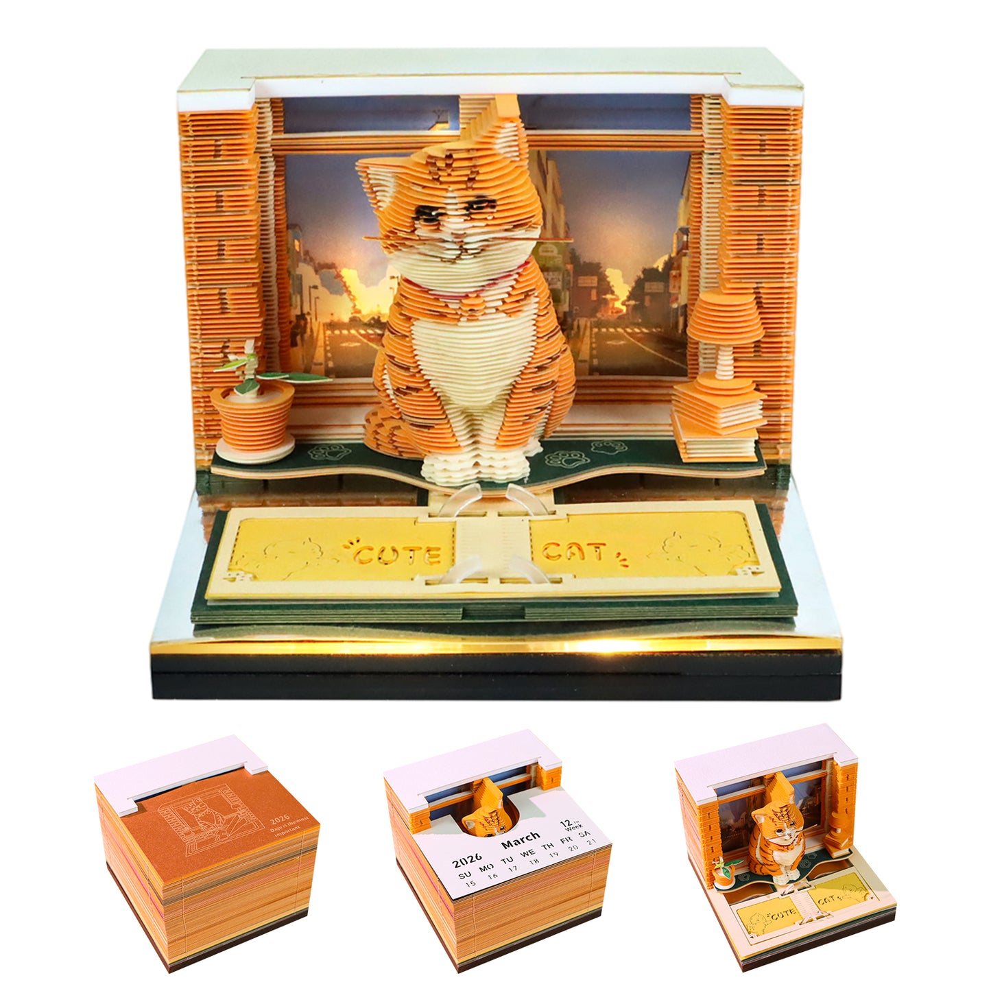 Cute Orange Cat Hand Tear off 3D Calendar Memo Pad With Ligh