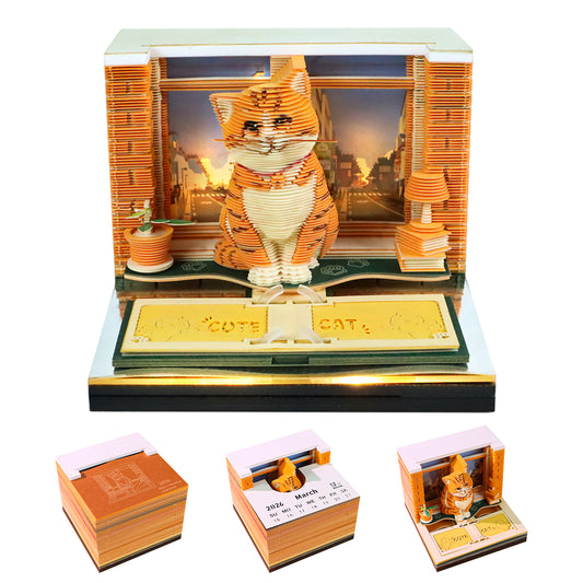 Cute Orange Cat Hand Tear off 3D Calendar Memo Pad With Ligh