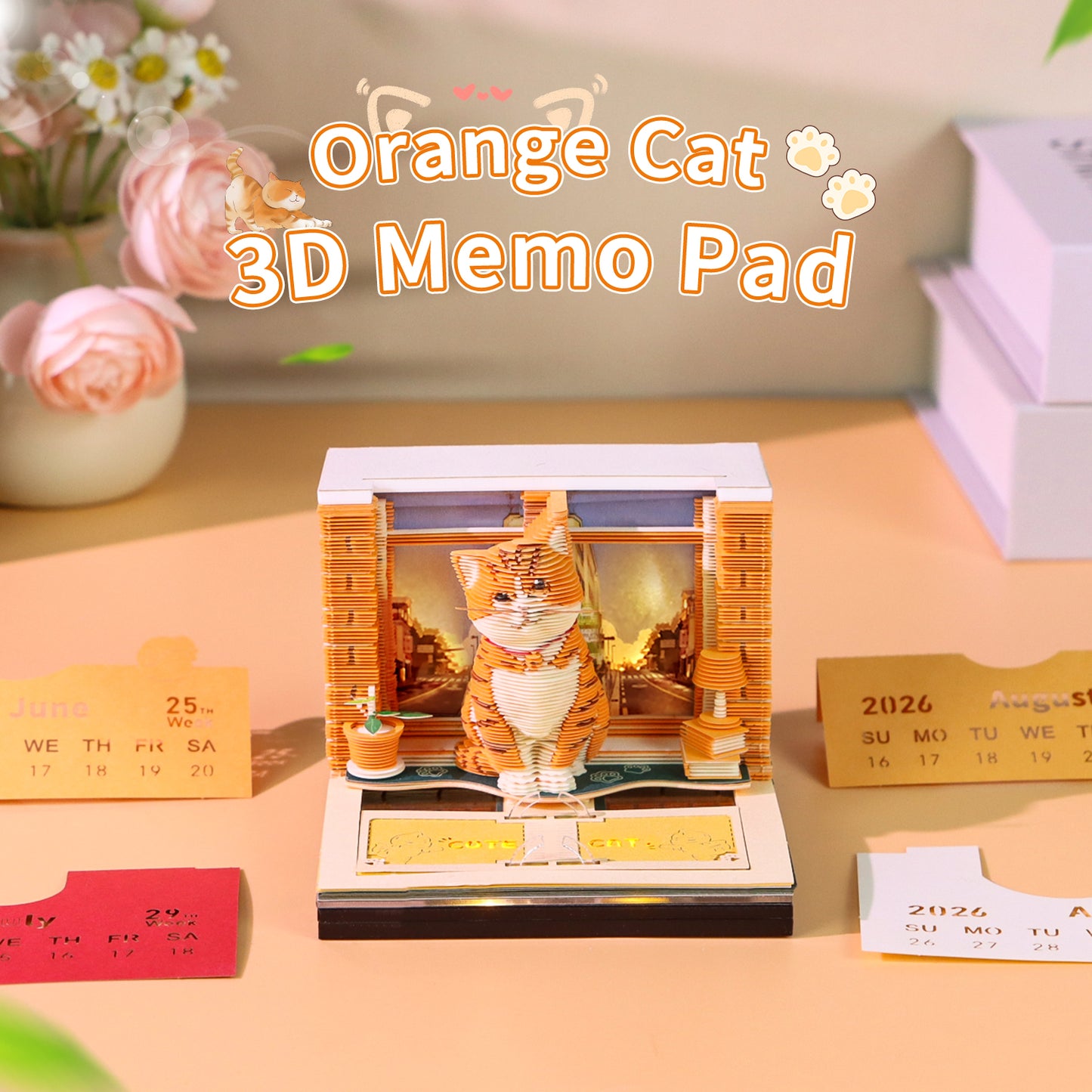 Cute Orange Cat Hand Tear off 3D Calendar Memo Pad With Ligh