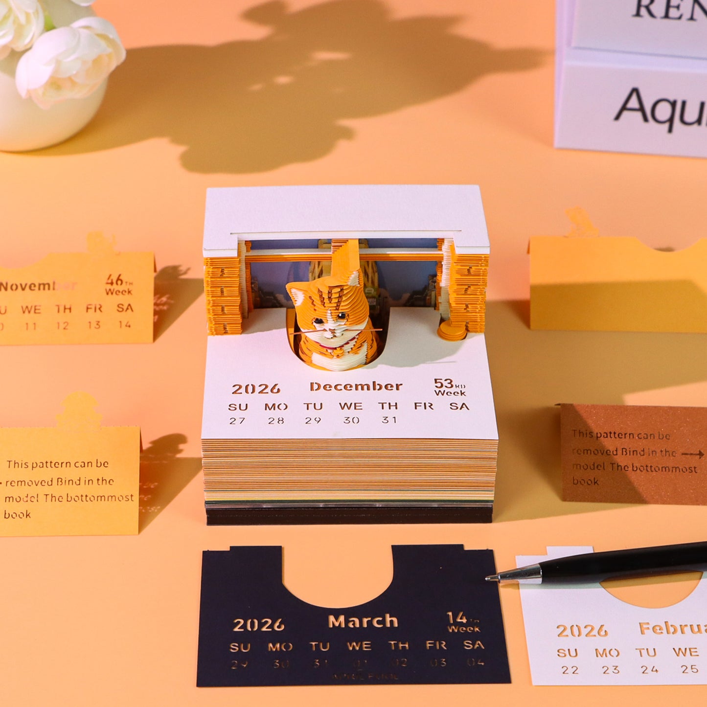 Orange Cat Pet Miniature Hand Tear off 3D Calendar Memo Pad With Light