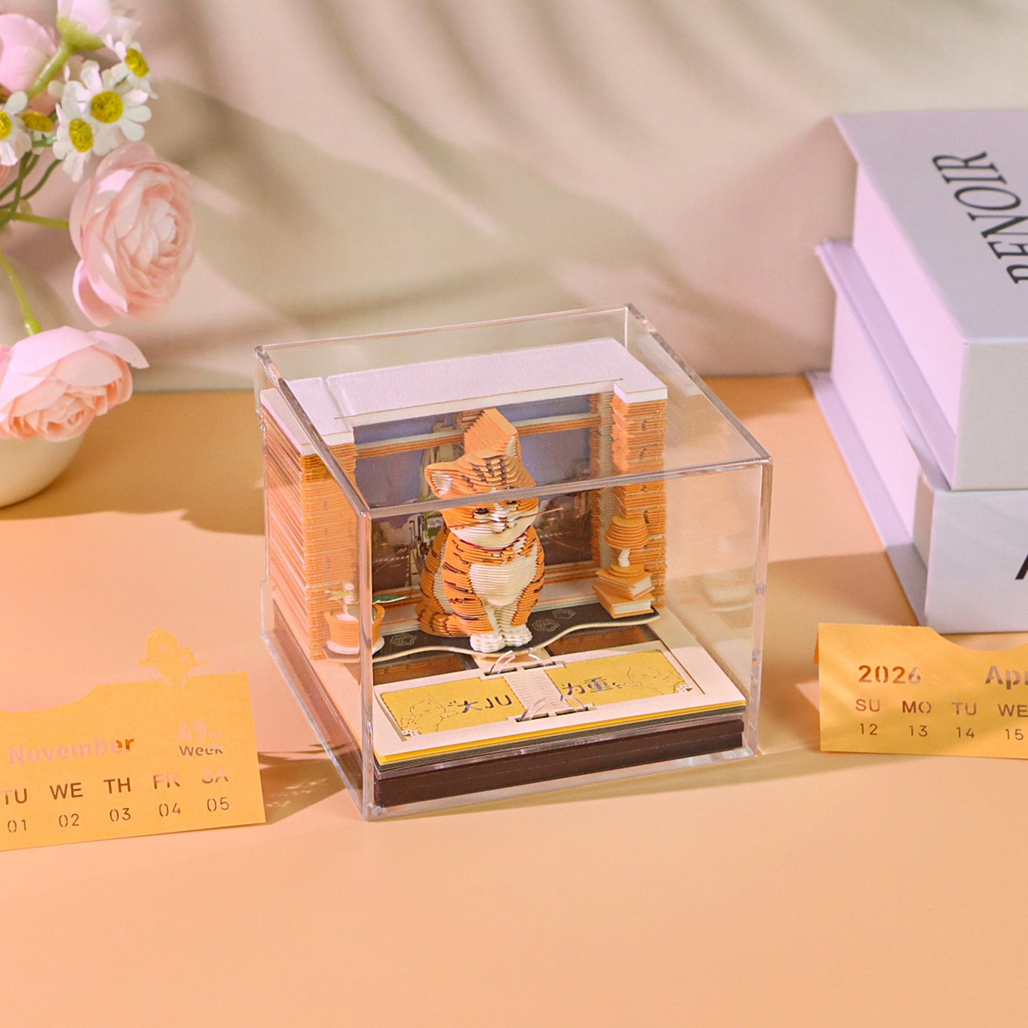 Orange Cat Pet Miniature Hand Tear off 3D Calendar Memo Pad With Light