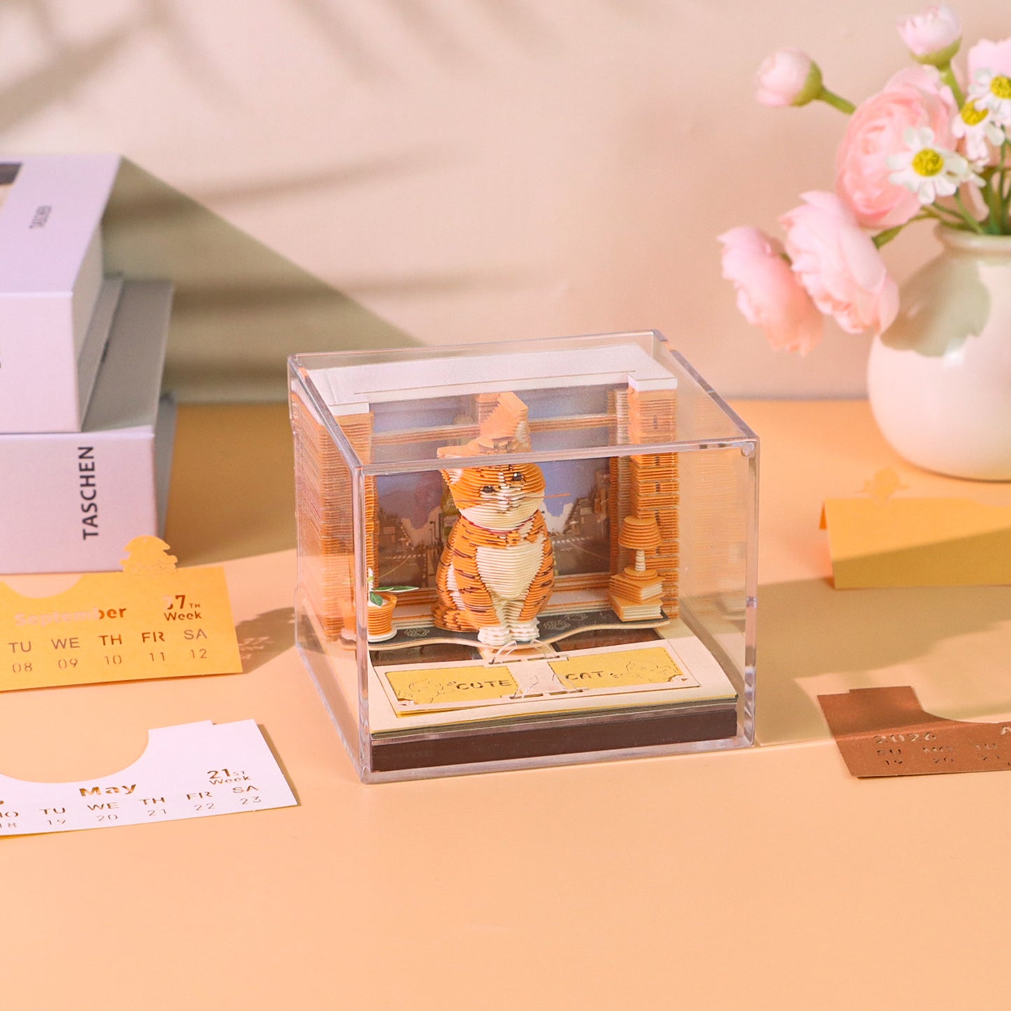 Cute Orange Cat Hand Tear off 3D Calendar Memo Pad With Ligh